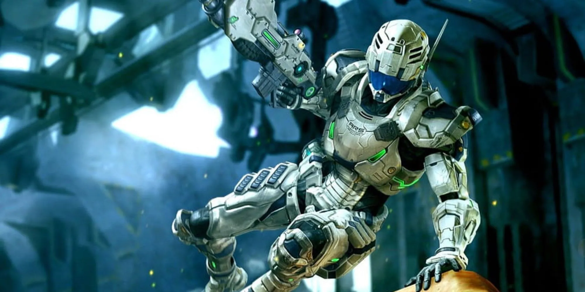 Nhân vật Sam Gideon di chuyển tốc độ cao trong bộ giáp ARS của game Vanquish.