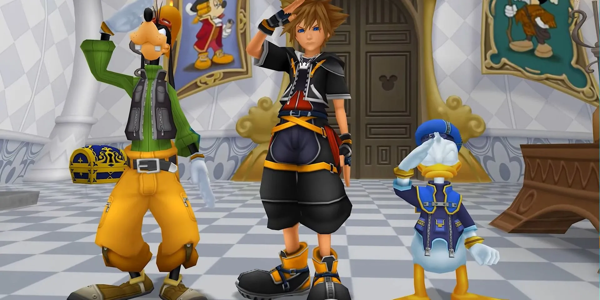 Nhân vật Sora và bạn bè tại Lâu đài Disney trong Kingdom Hearts 2, thể hiện thế giới Disney và hành trình của game