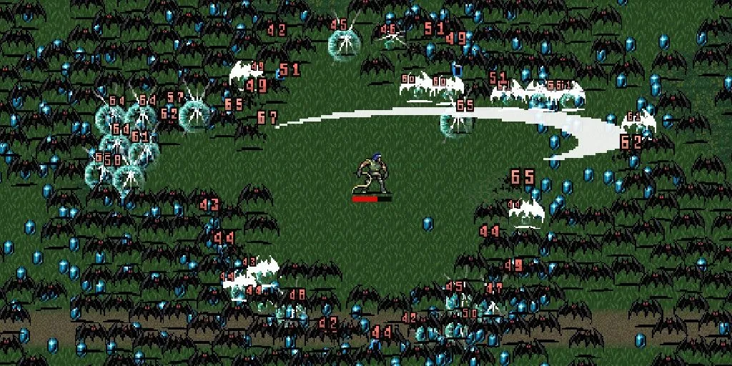 Nhân vật sử dụng cây roi trong game Vampire Survivors