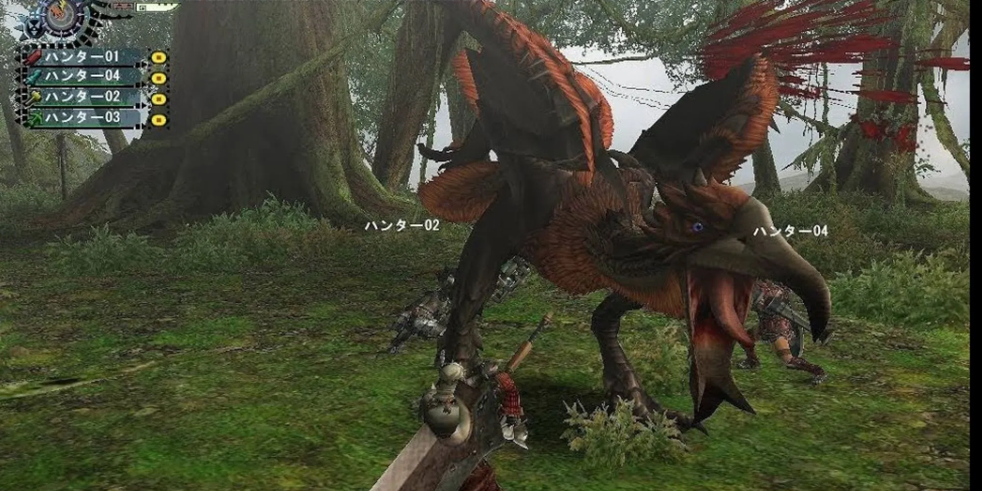 Nhân vật thợ săn đối mặt với quái vật trong game Monster Hunter PS2, minh họa lối chơi săn quái vật đặc trưng