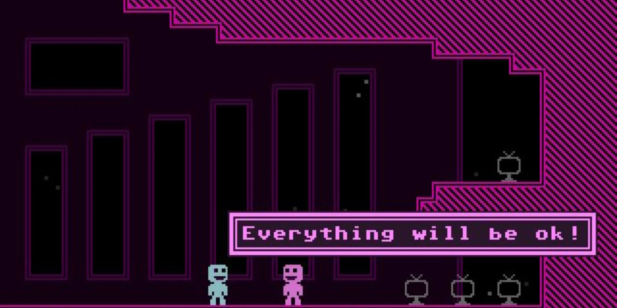 Nhân vật trong game platformer VVVVVV đang tương tác trong một màn chơi với màu sắc tối giản đặc trưng
