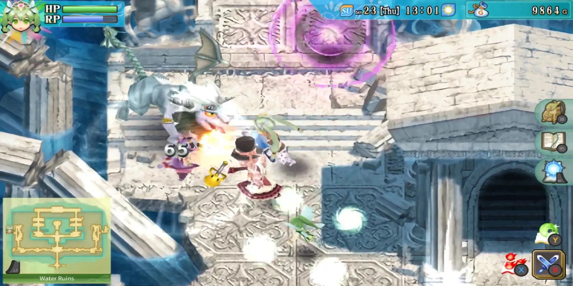 Nhân vật trong Rune Factory 4 Special chiến đấu với quái vật trong một khu vực đầy màu sắc