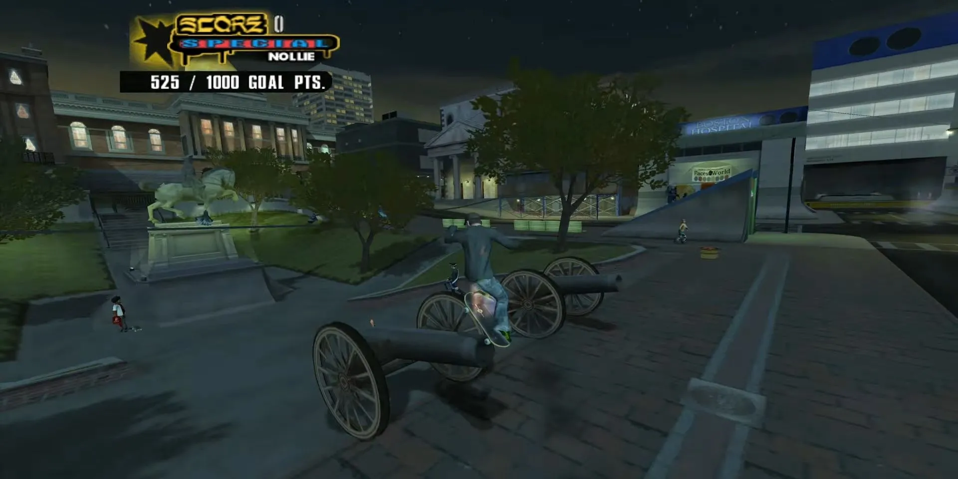 Nhân vật trượt ván trên một khẩu pháo với ván trượt bốc cháy trong game Tony Hawk