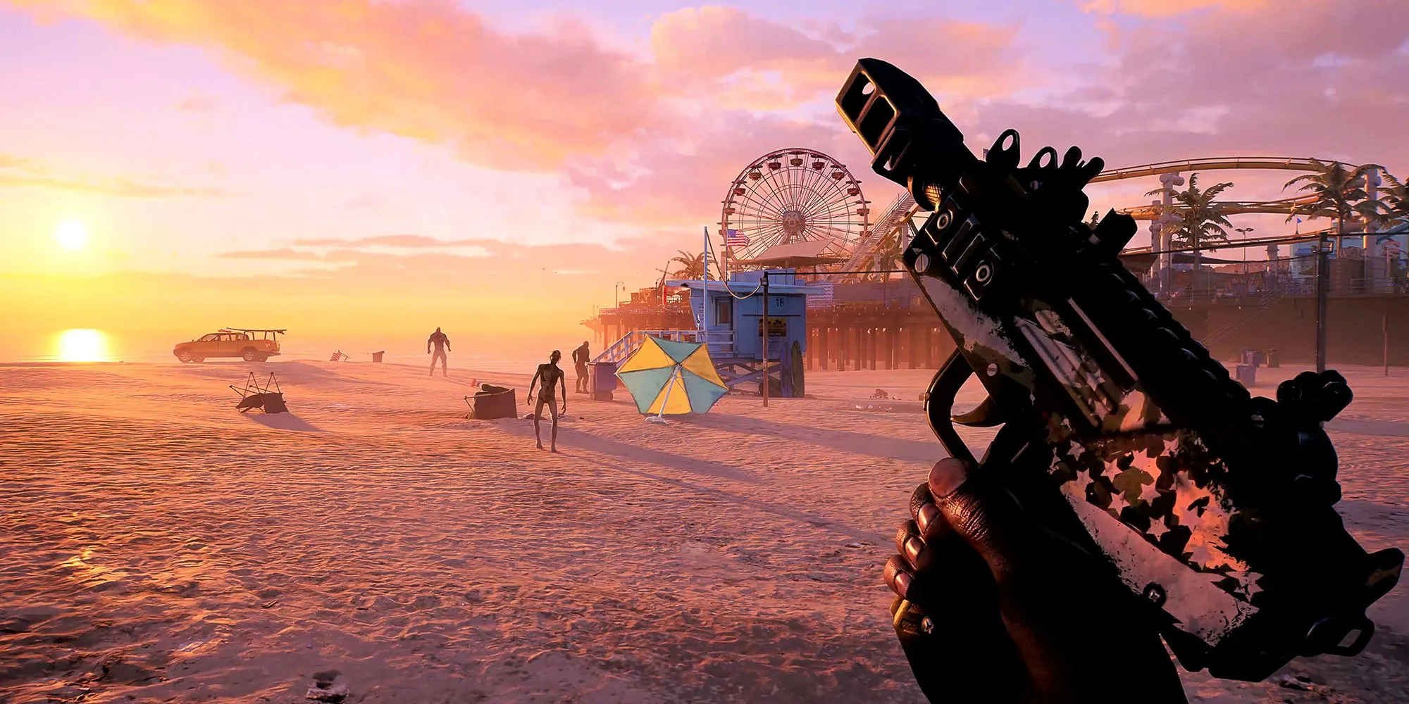 Nhóm người sống sót chiến đấu với bầy zombie trên bãi biển Los Angeles vào lúc hoàng hôn trong Dead Island 2.