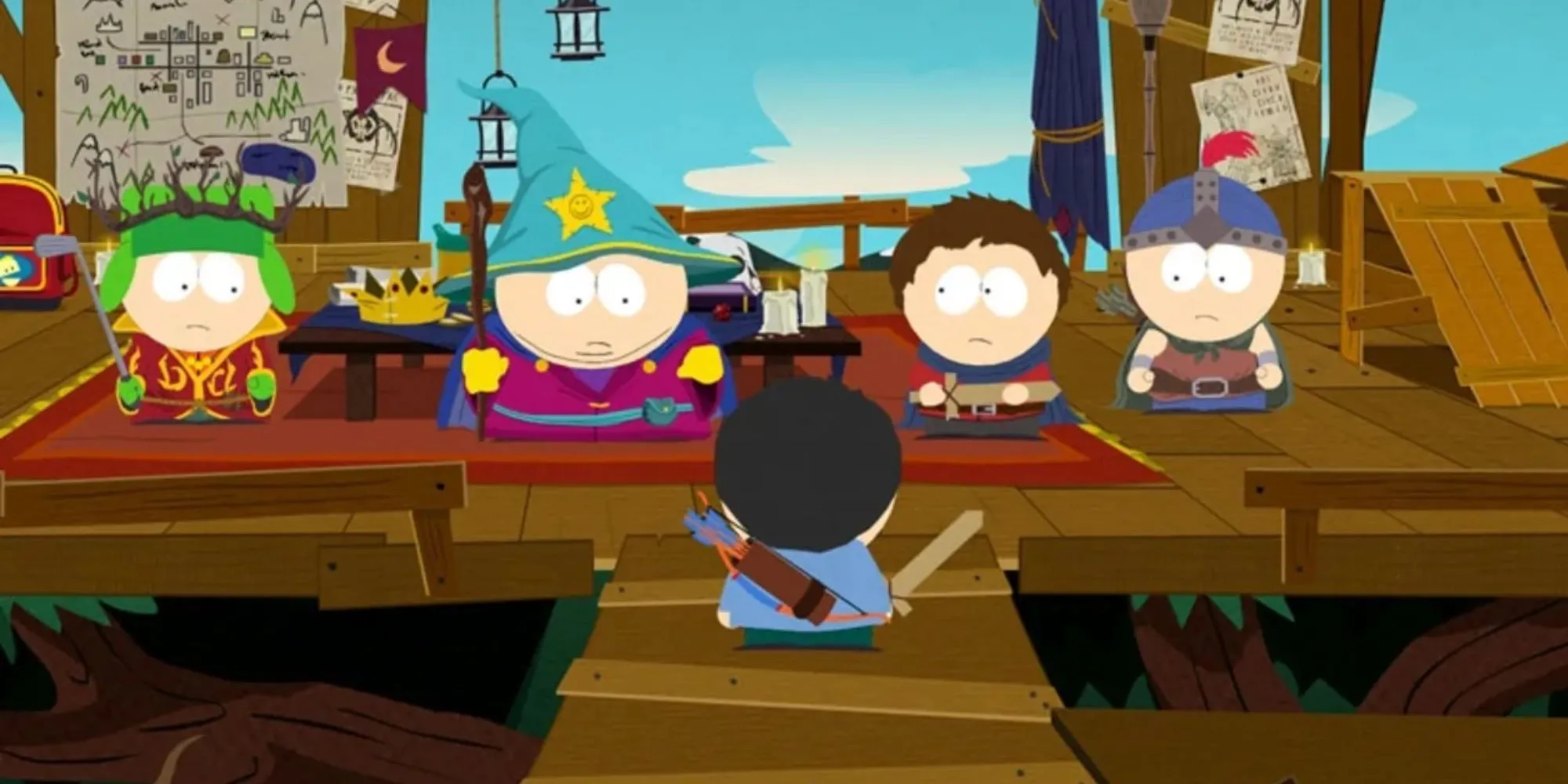 Nhóm nhân vật chính của South Park tụ họp trong một cảnh của game The Stick of Truth.