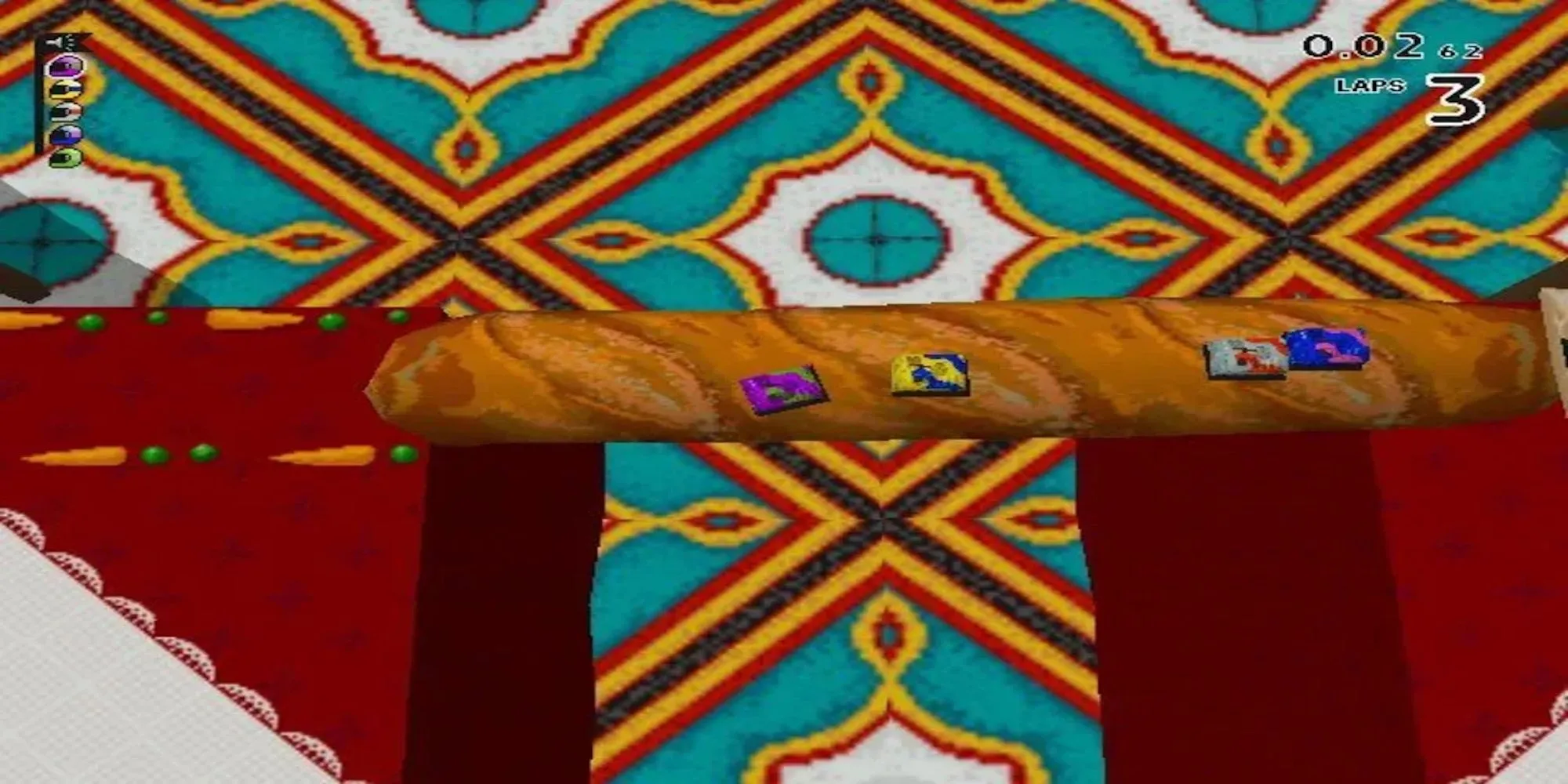 Những chiếc xe tí hon đua trên bàn trong game Micro Machines V3 trên PS1