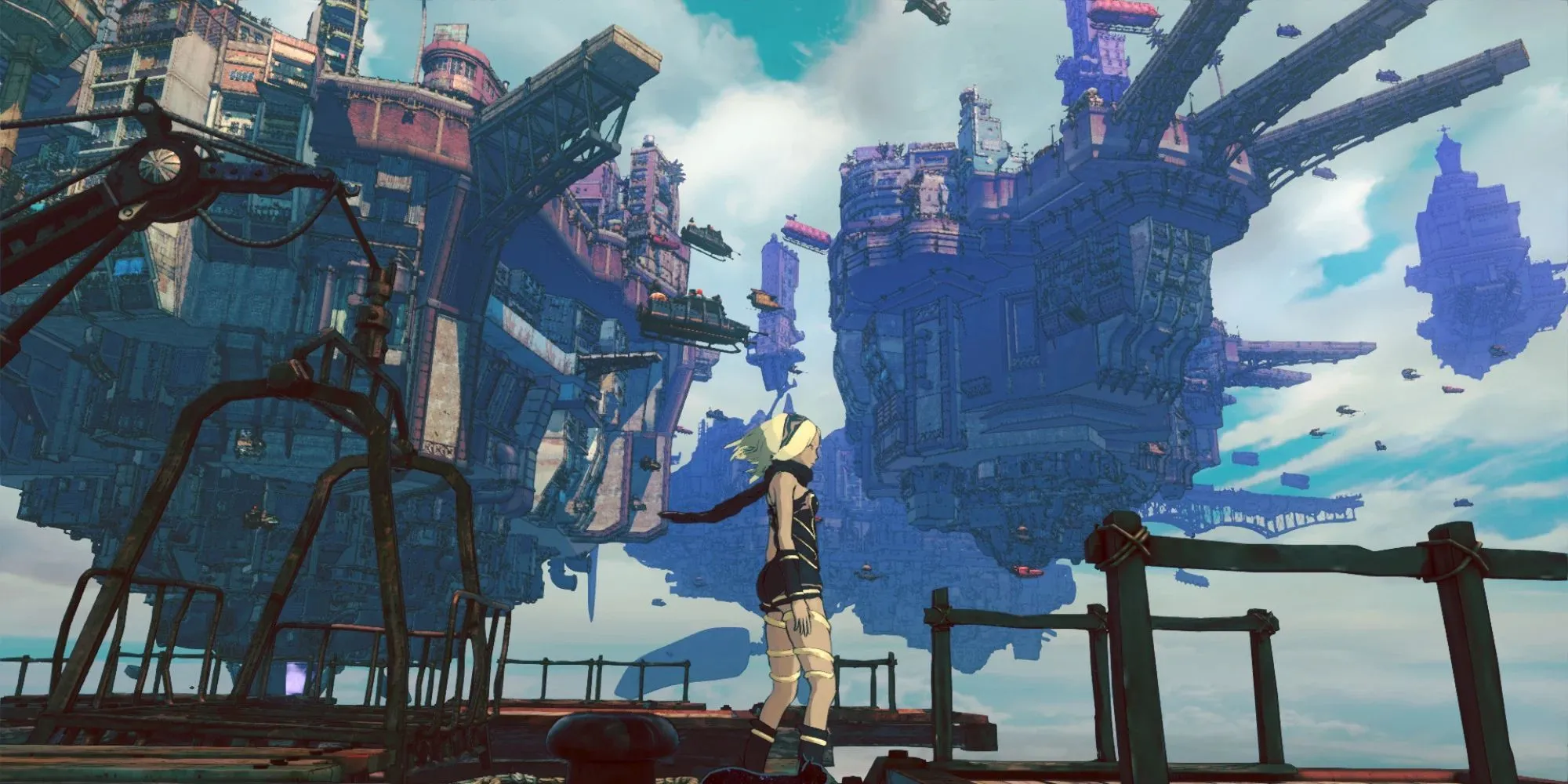 Những hòn đảo nổi trên bầu trời đầy màu sắc trong Gravity Rush 2, thể hiện phong cách độc đáo của game
