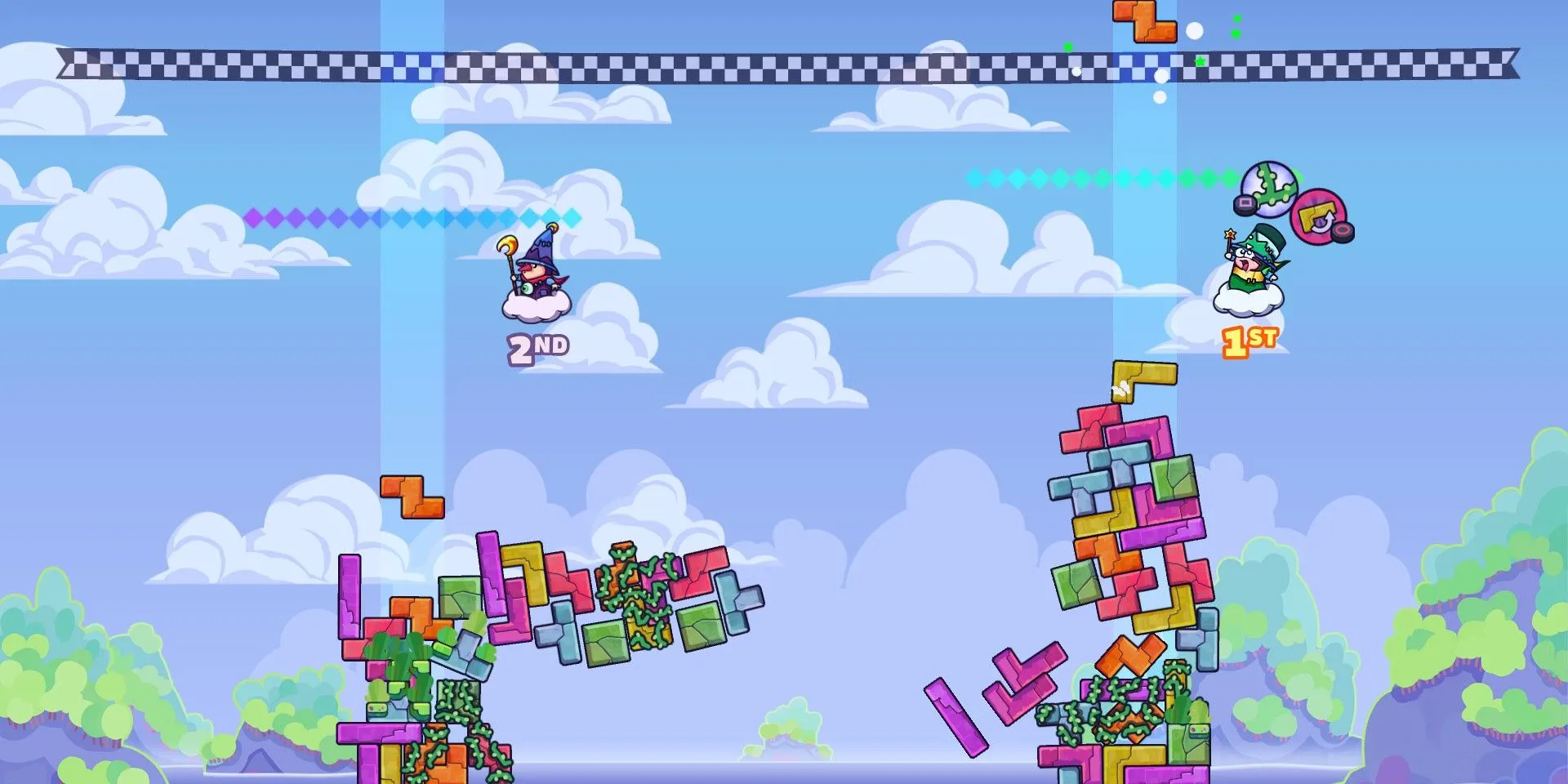 Những tòa tháp đang đổ sập trong game Tricky Towers - game xếp gạch đối kháng