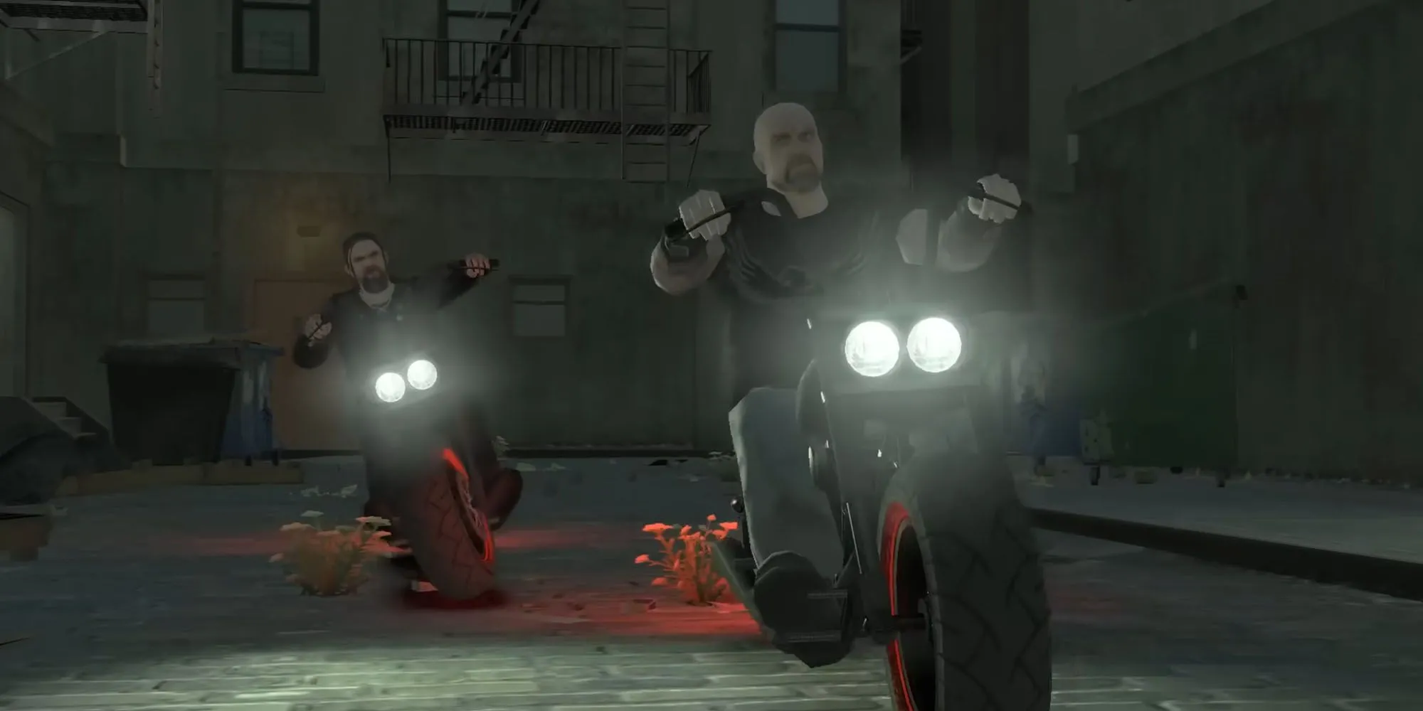 Niko Bellic trên xe máy đuổi theo thành viên The Lost MC trong đường hầm tàu điện ngầm tối tăm của nhiệm vụ No Way On The Subway GTA 4