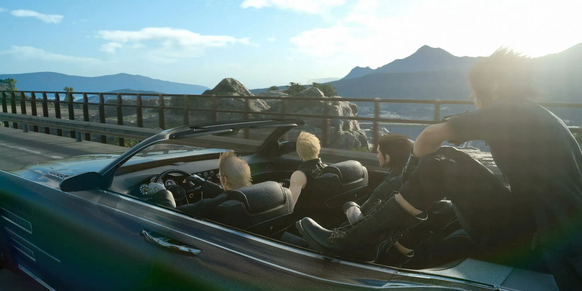 Noctis, Ignis, Gladiolus, và Prompto ngồi trong chiếc Regalia trong Final Fantasy XV