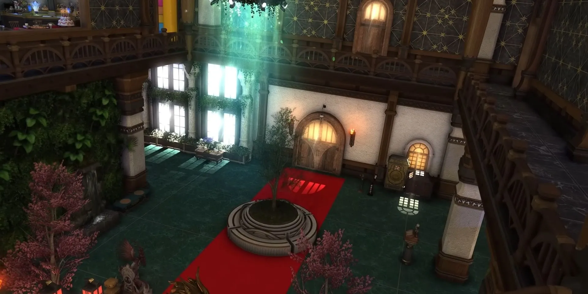 Nội thất một ngôi nhà của người chơi trong Final Fantasy XIV với nhiều đồ đạc sang trọng và chi tiết