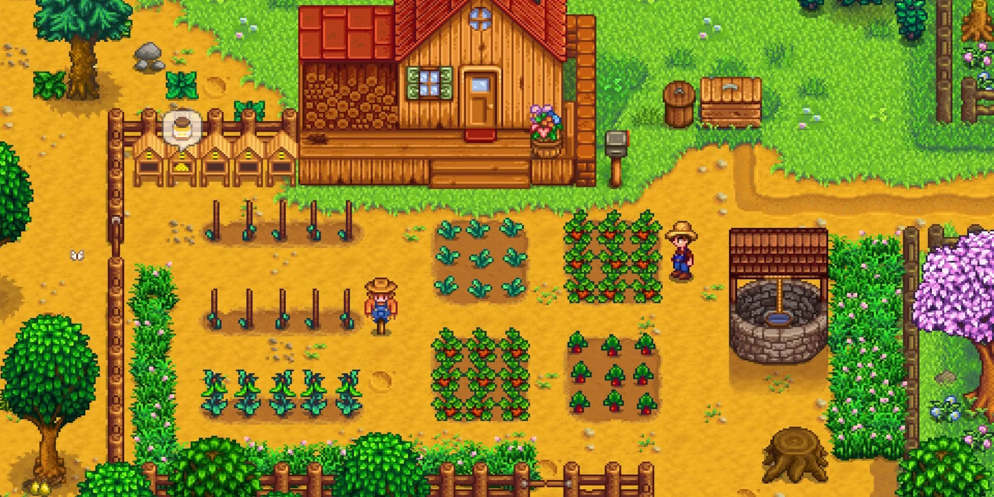 Top game cozy chiến đấu: Thư giãn mà vẫn cực cuốn 1 Nông trại Stardew Valley với nhân vật đứng giữa các luống rau củ quả