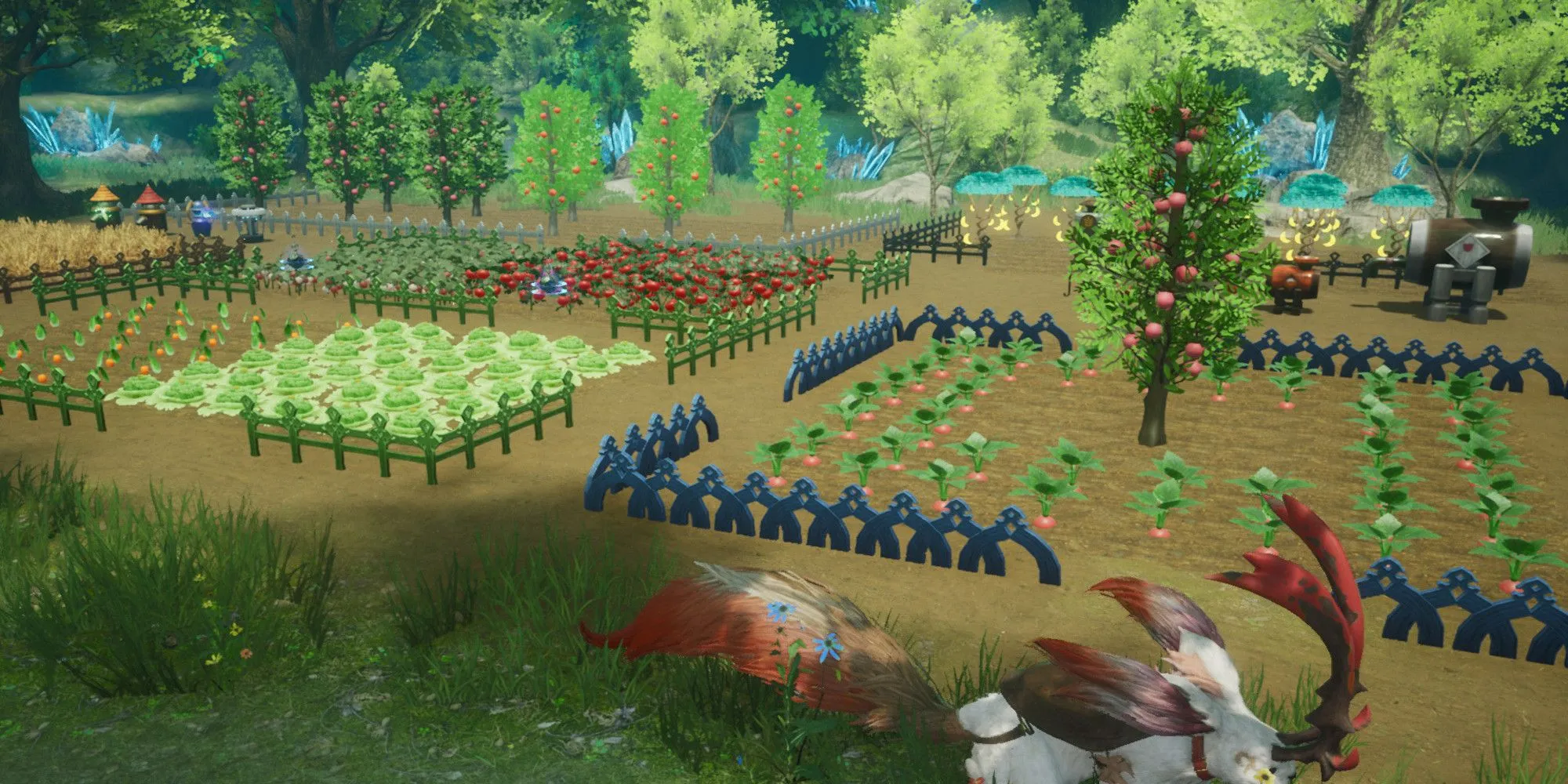 Nông trại trong Harvestella với các vườn cây ăn quả, kết hợp yếu tố JRPG và mô phỏng