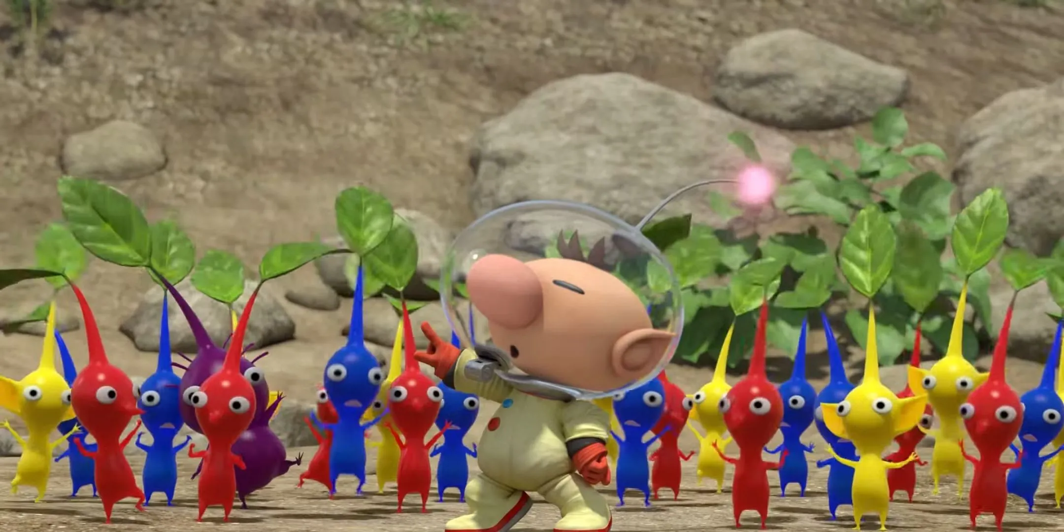 Olimar đang chỉ huy một nhóm Pikmin đỏ, xanh, vàng và tím trên hành tinh lạ