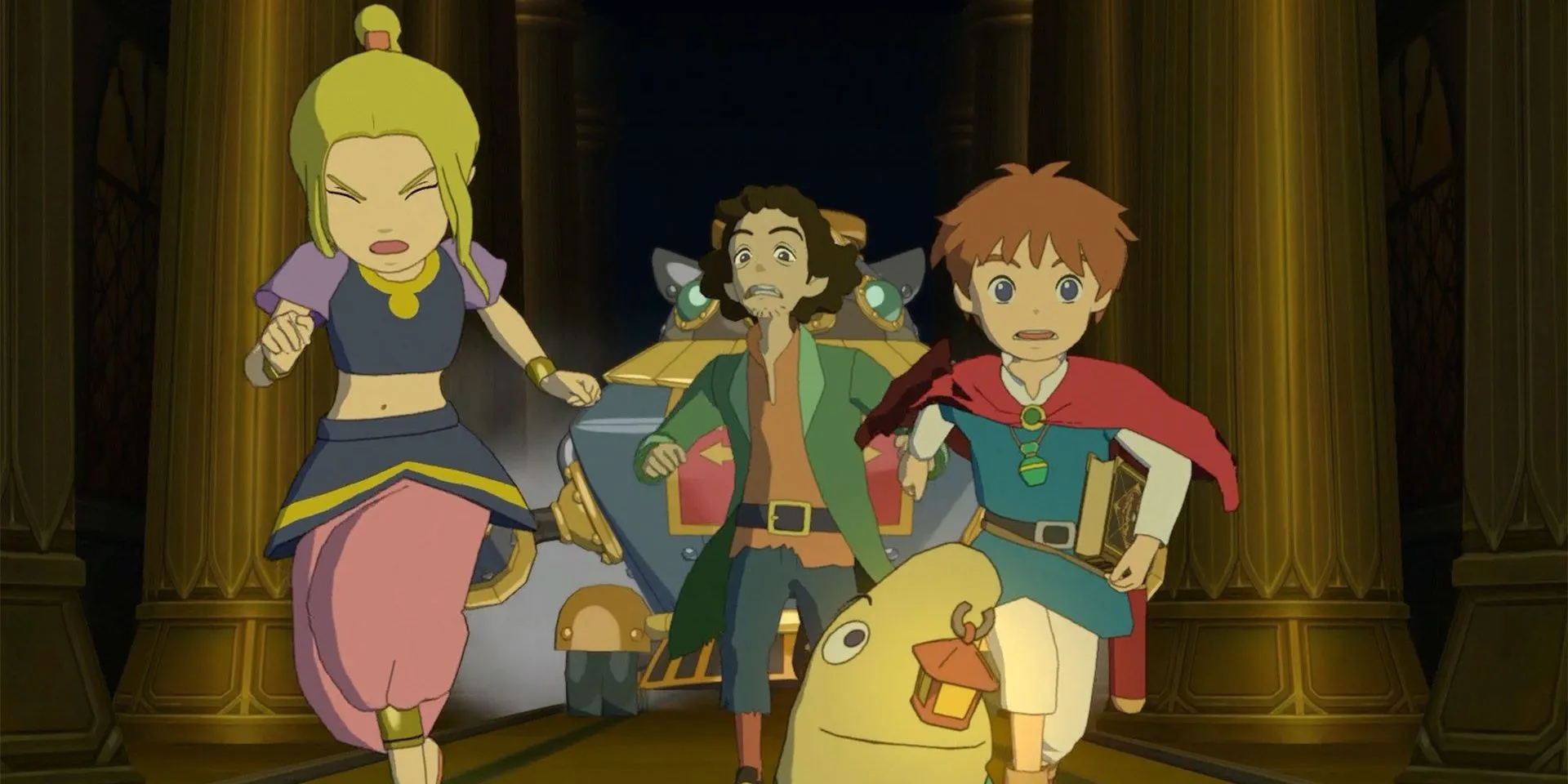 Oliver và đồng đội chạy trốn robot trong Ni no Kuni: Wrath of the White Witch