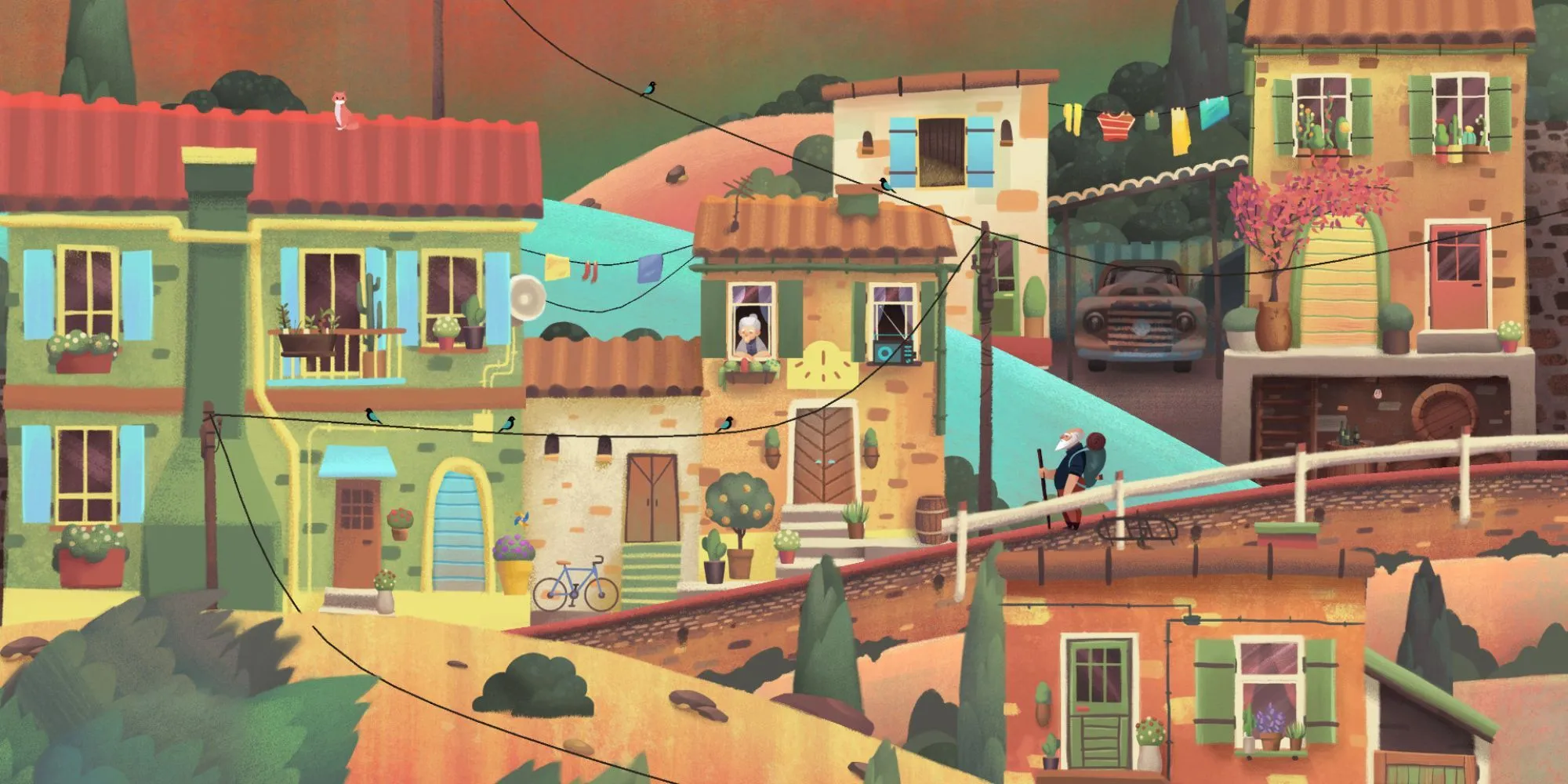Ông lão ngồi trên đồi ngắm nhìn khung cảnh trong game Old Man's Journey