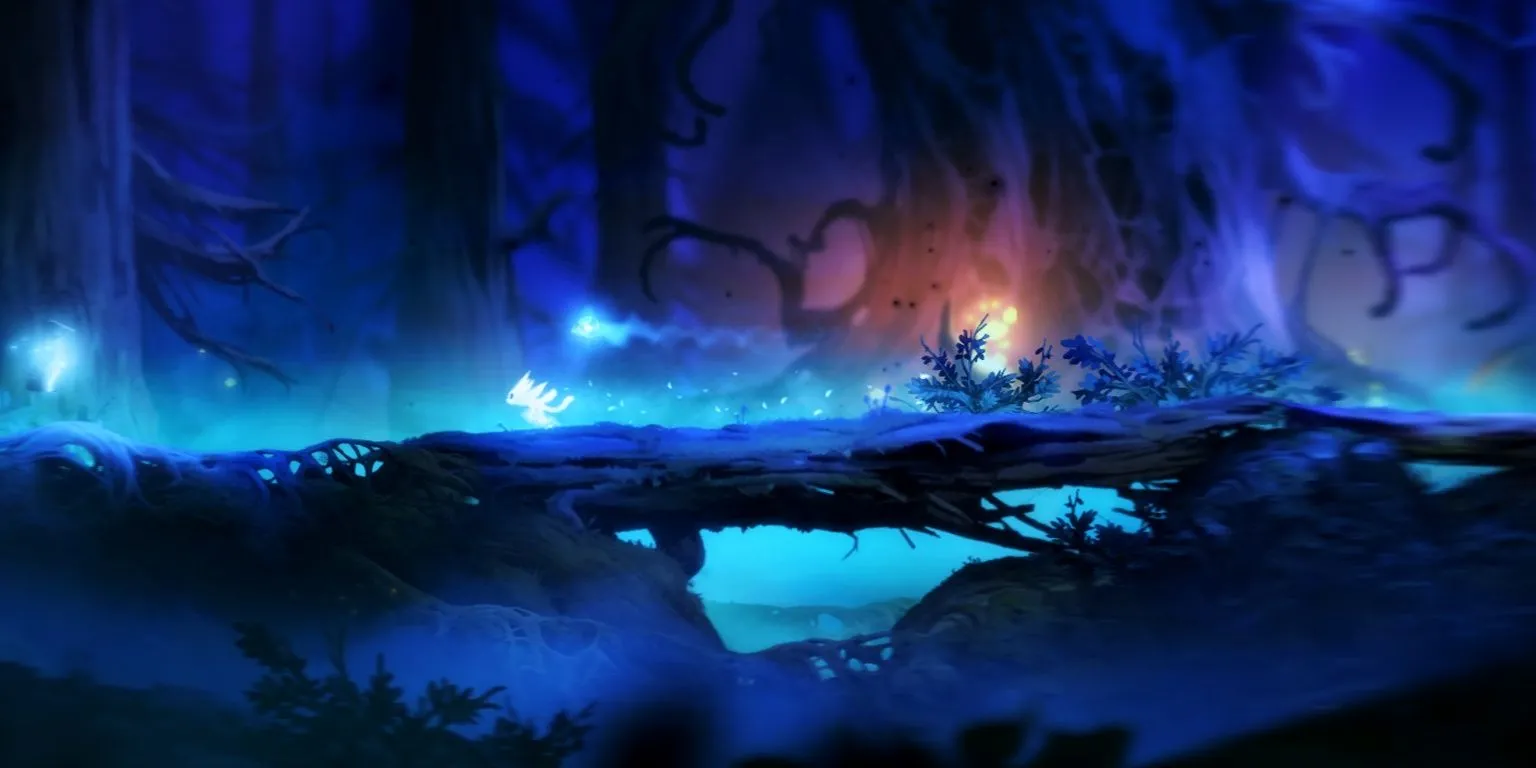 Ori đứng trong khu rừng huyền ảo trong Ori and the Blind Forest