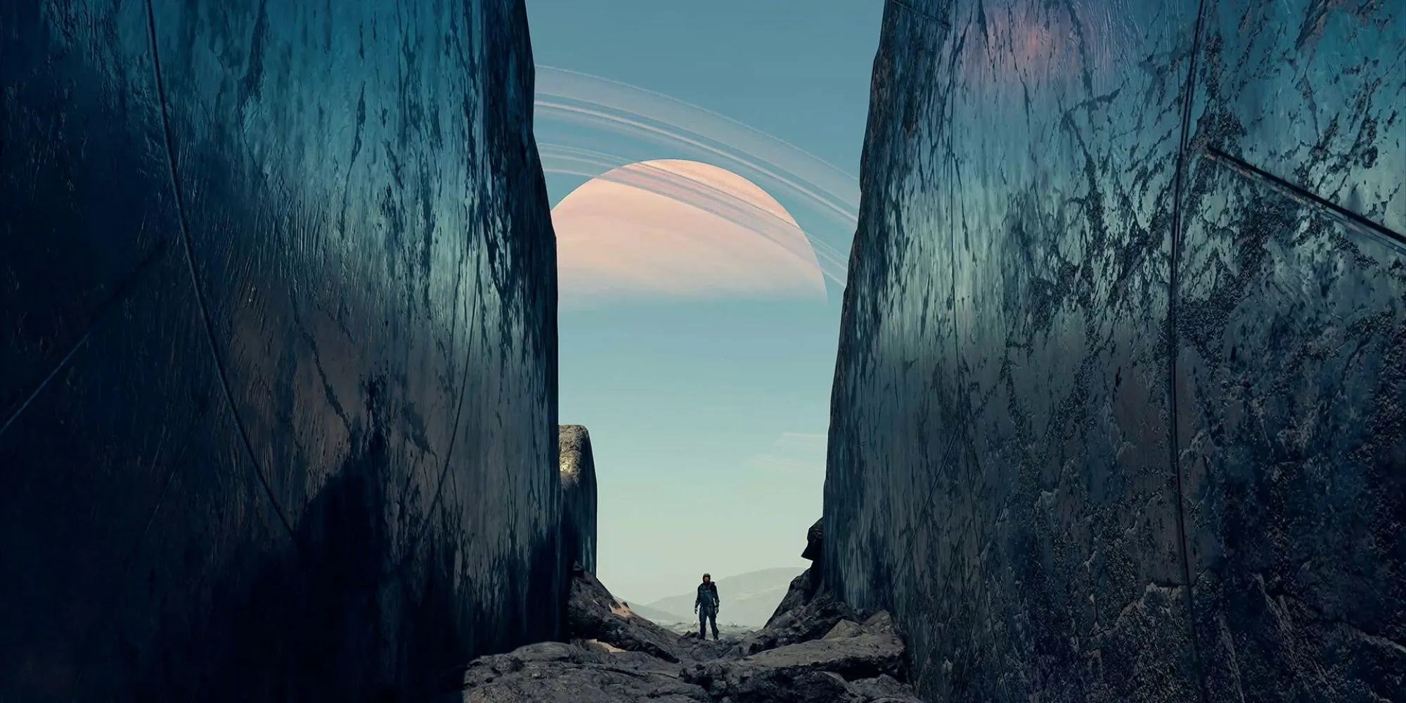 Phi hành gia nhìn ra một cảnh quan hành tinh hùng vĩ trong tựa game RPG không gian Starfield của Bethesda.