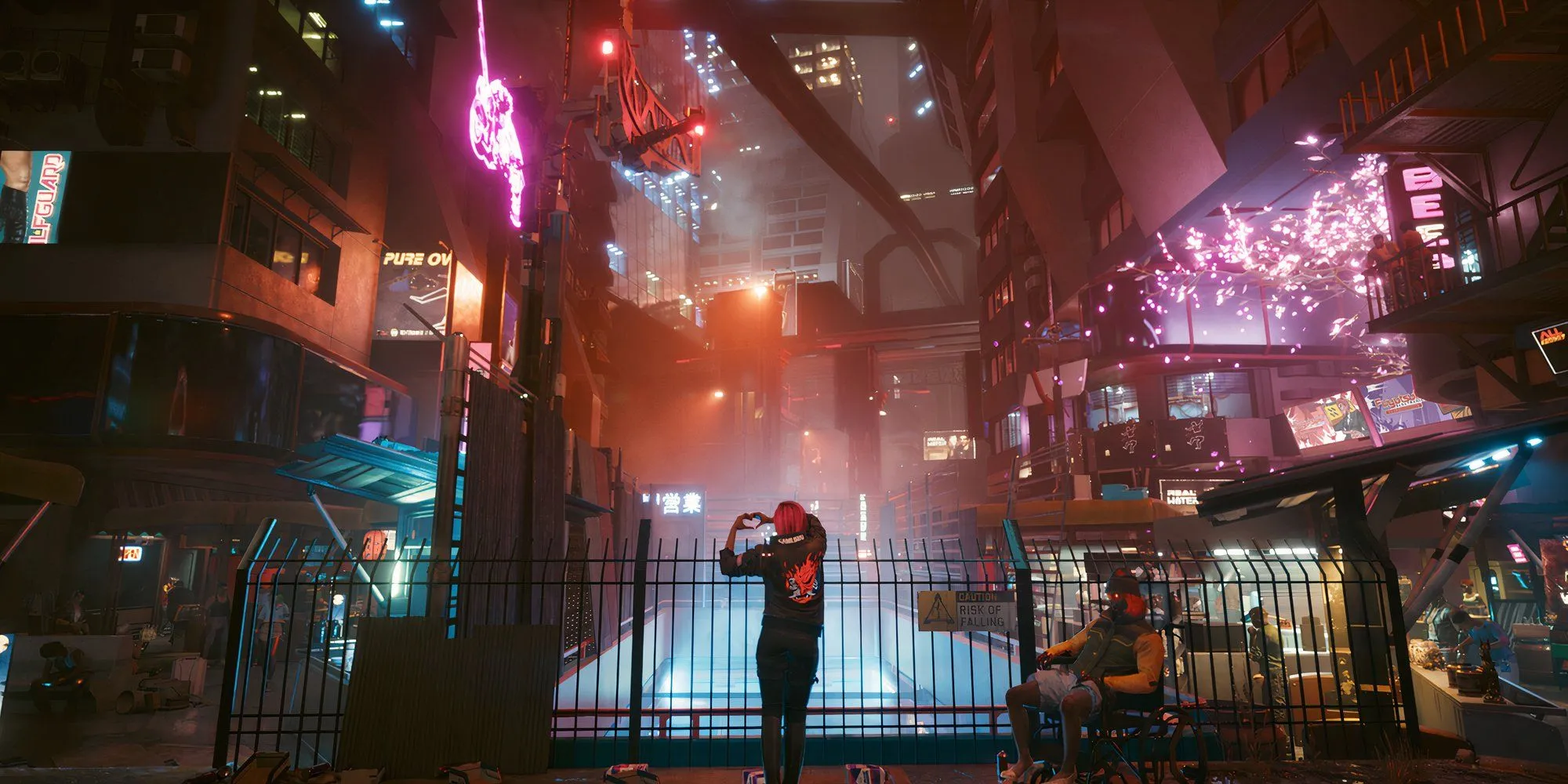 Phong cảnh ngoài trời Night City với hai nhân vật trong Cyberpunk 2077