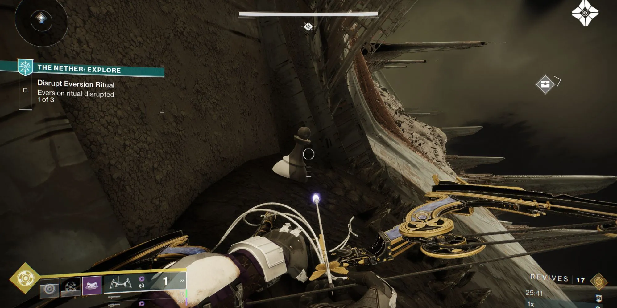 Quân cờ ẩn dưới gờ đá dài ở phía xa của Trenchway The Nether Destiny 2