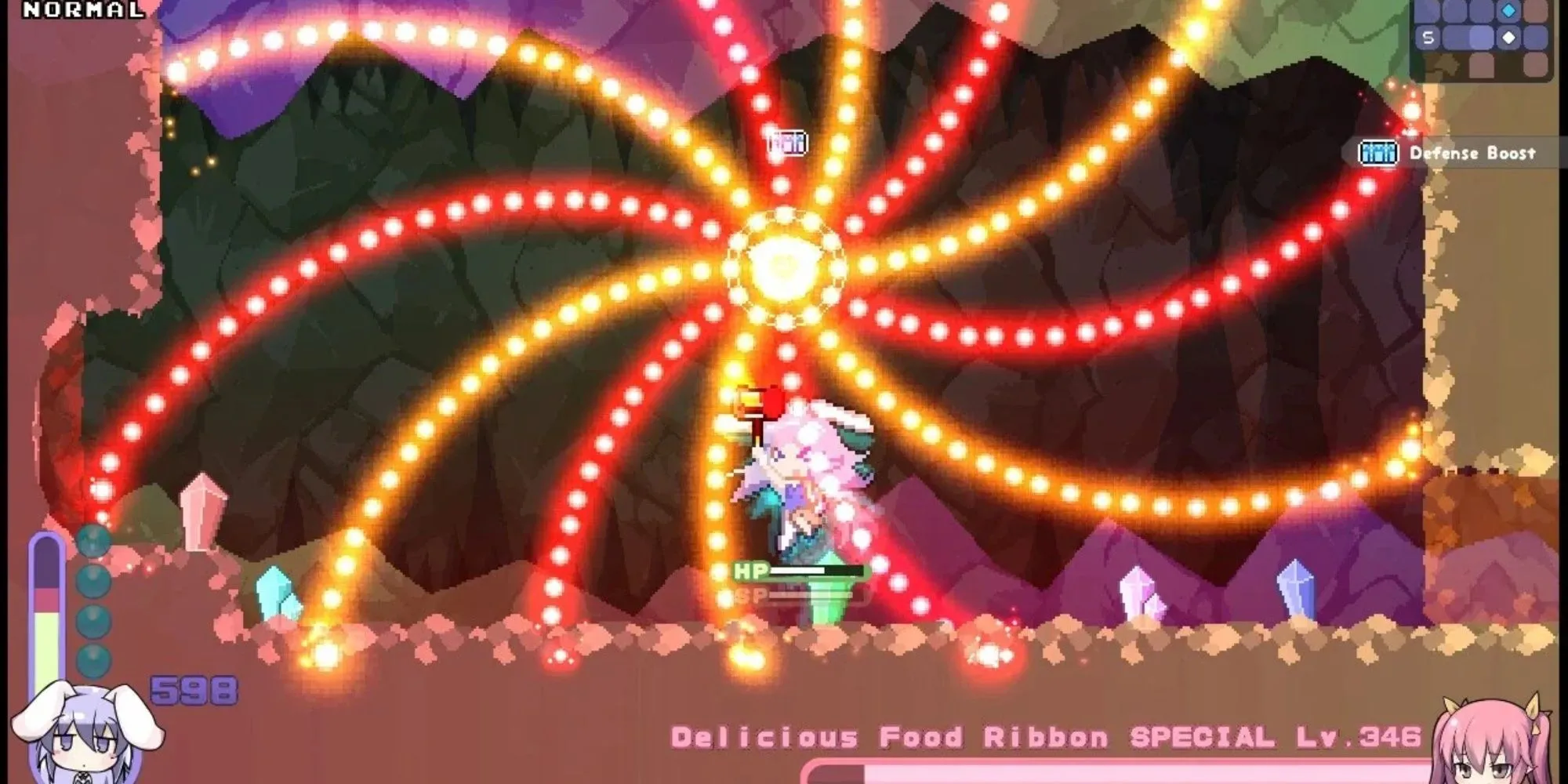 Rabi-Ribi với nhân vật chính là cô gái tai thỏ, chiến đấu với một con boss lớn giữa màn hình đầy đạn