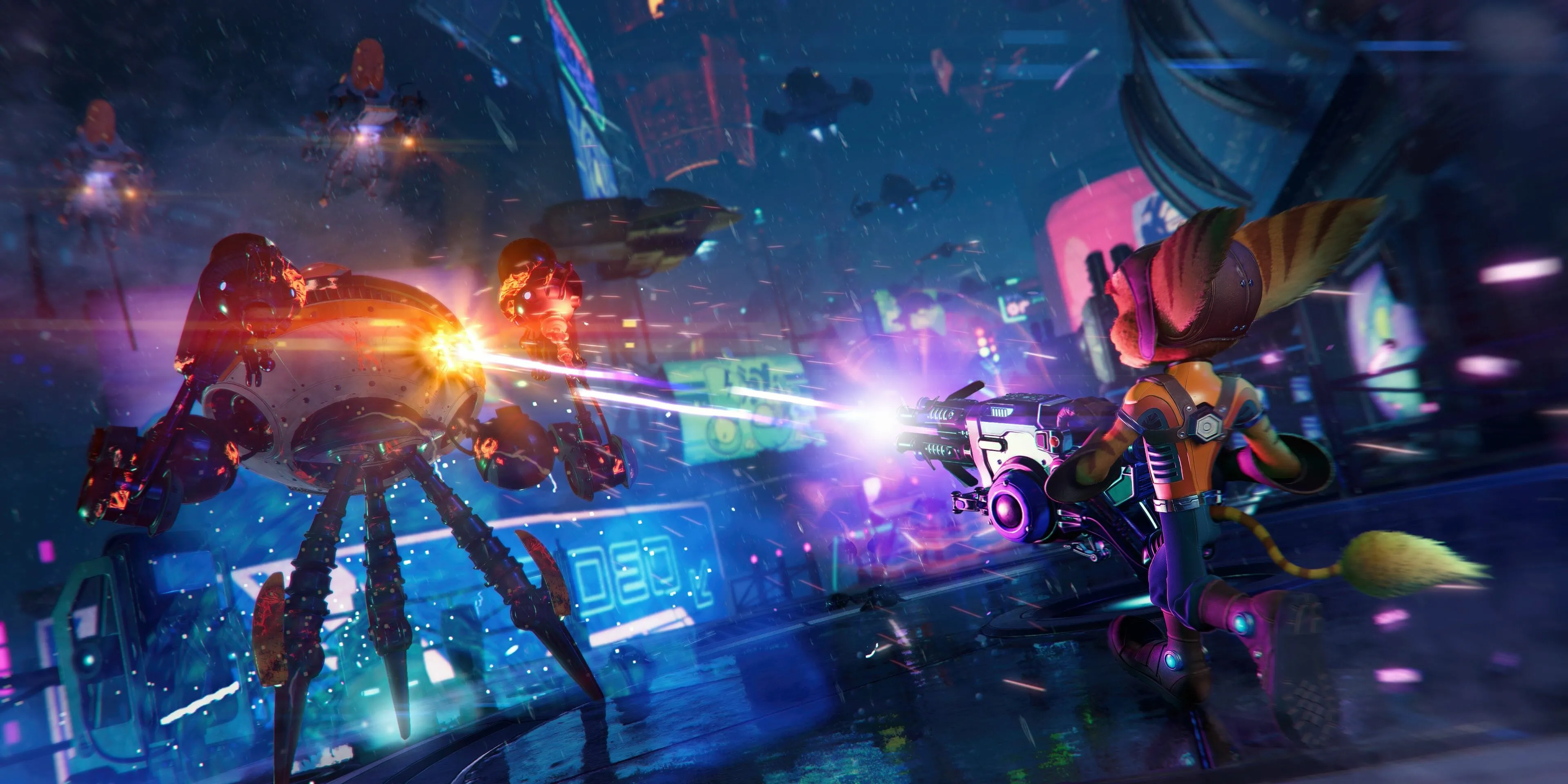 Ratchet bắn robot bằng vũ khí độc đáo trong Ratchet &amp; Clank: Rift Apart