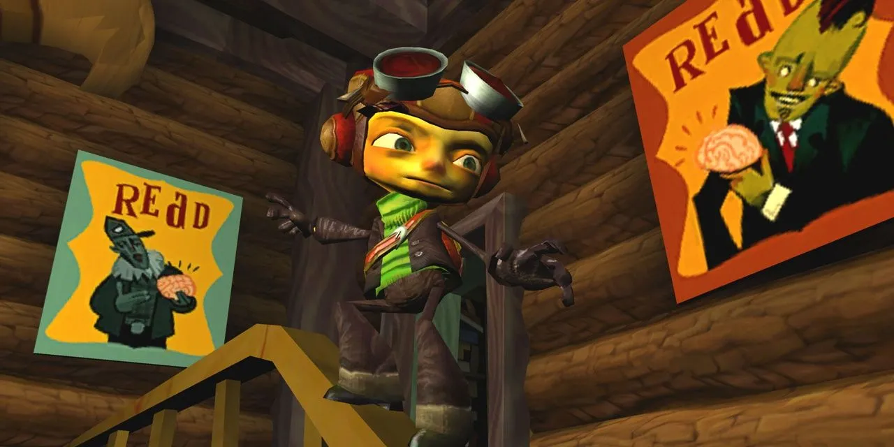 Raz grinds down a stair rail in Psychonauts