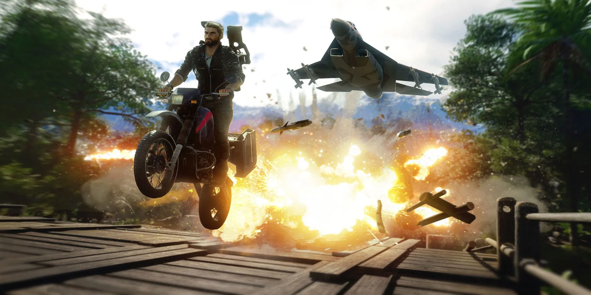 Rico Rodriguez lái mô tô nhảy ra từ máy bay giữa vụ nổ trong Just Cause 4
