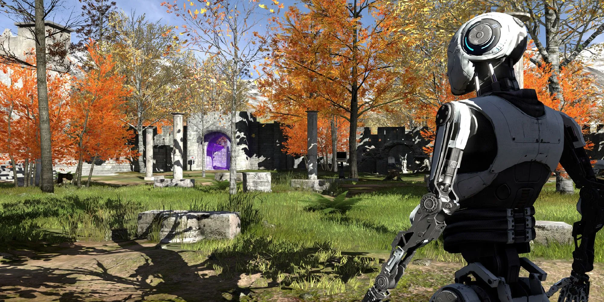 Robot android tiếp cận cánh cửa có rào chắn trong The Talos Principle