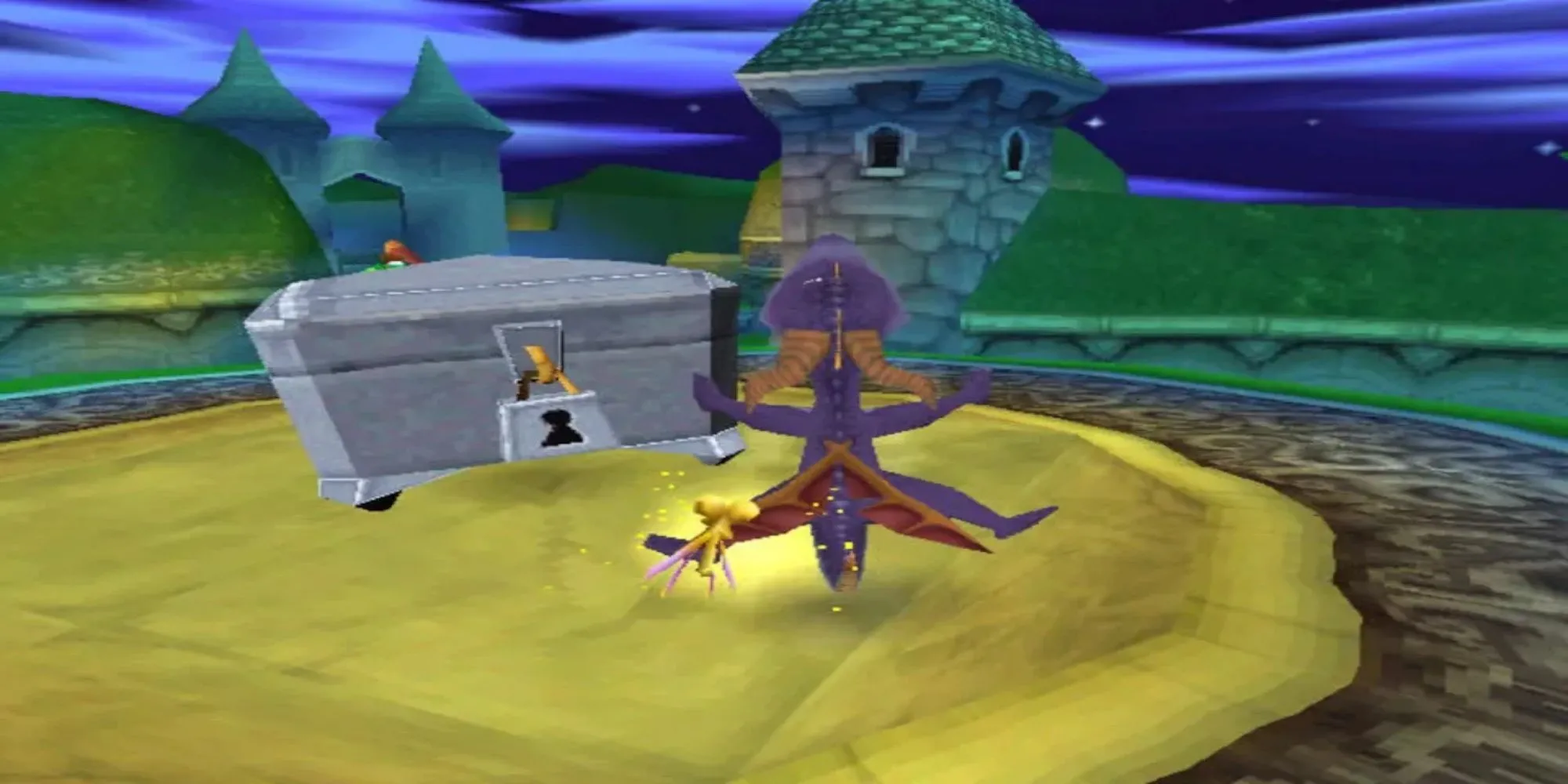 Rồng tím Spyro bay lượn trong thế giới đầy màu sắc của game Spyro the Dragon trên PS1