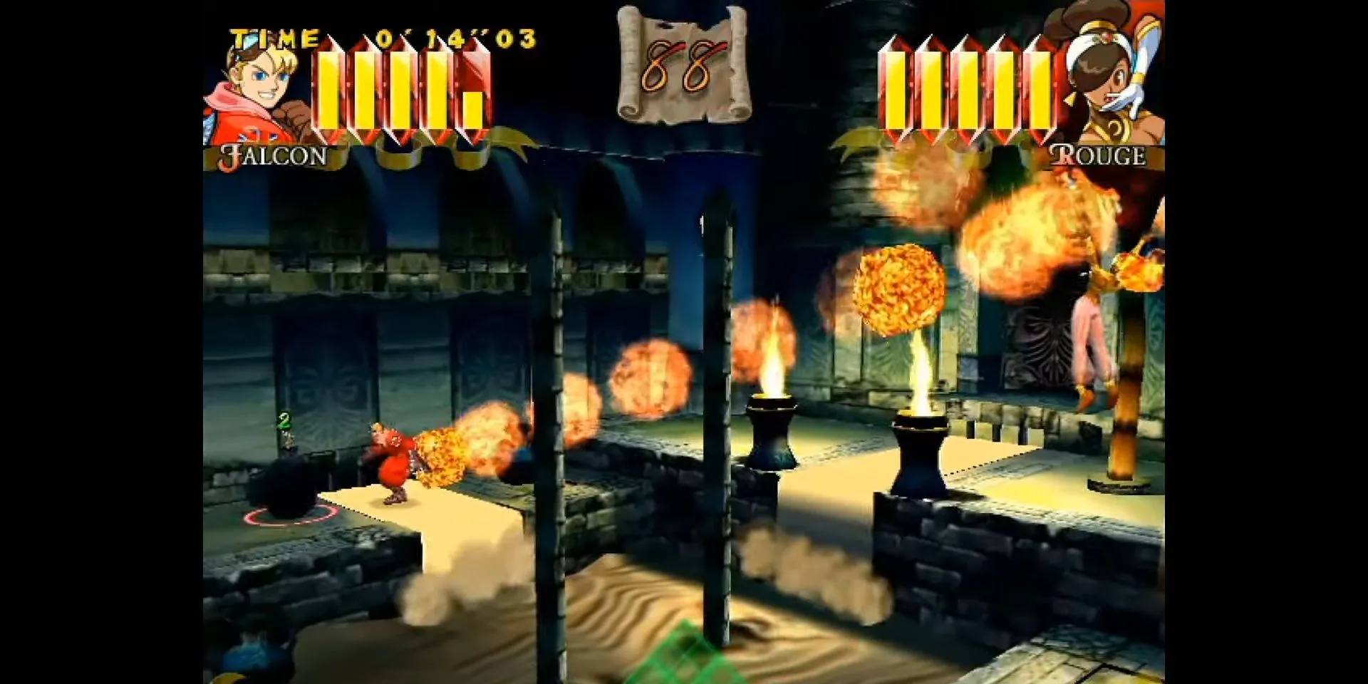 Rouge tung chiêu lửa vào Falcon trong game đối kháng Power Stone