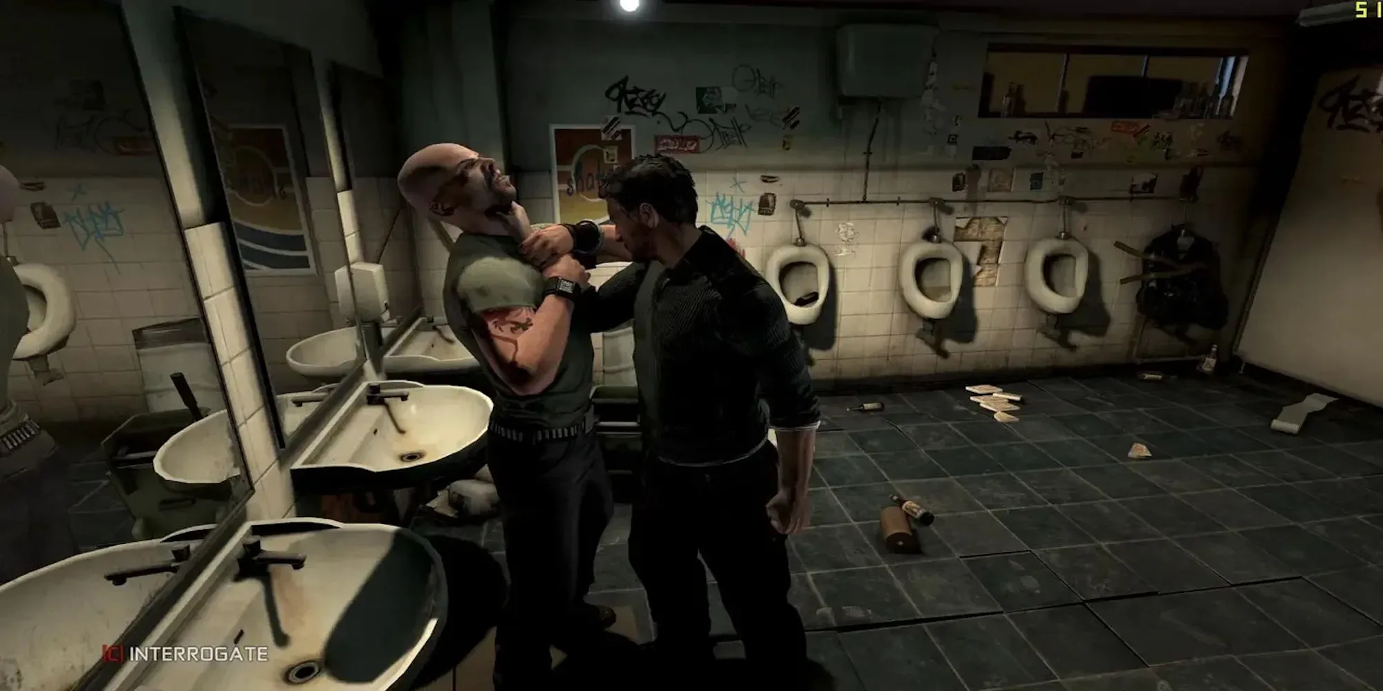 Sam Fisher thực hiện đòn hạ gục kẻ địch trong game Splinter Cell Conviction với phong cách hành động lén lút.