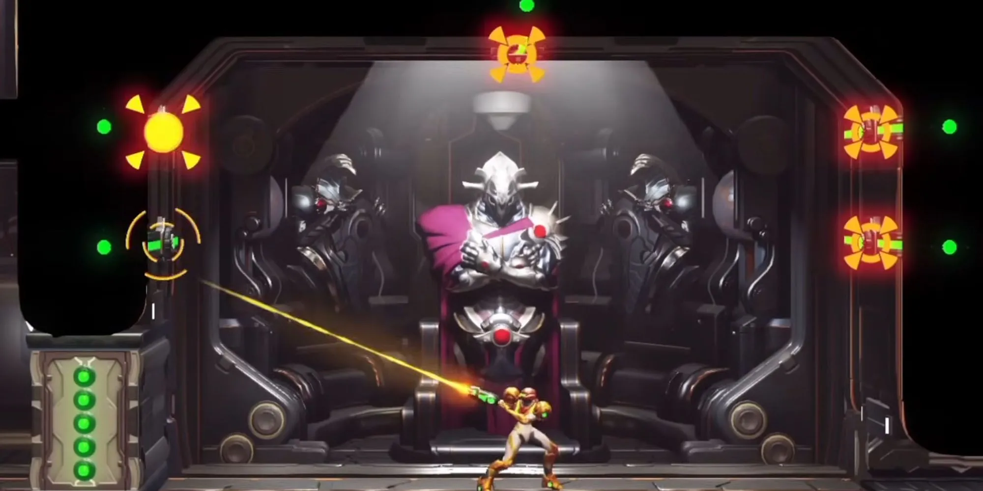 Samus Aran sử dụng Storm Missile trong Metroid Dread để khóa nhiều mục tiêu