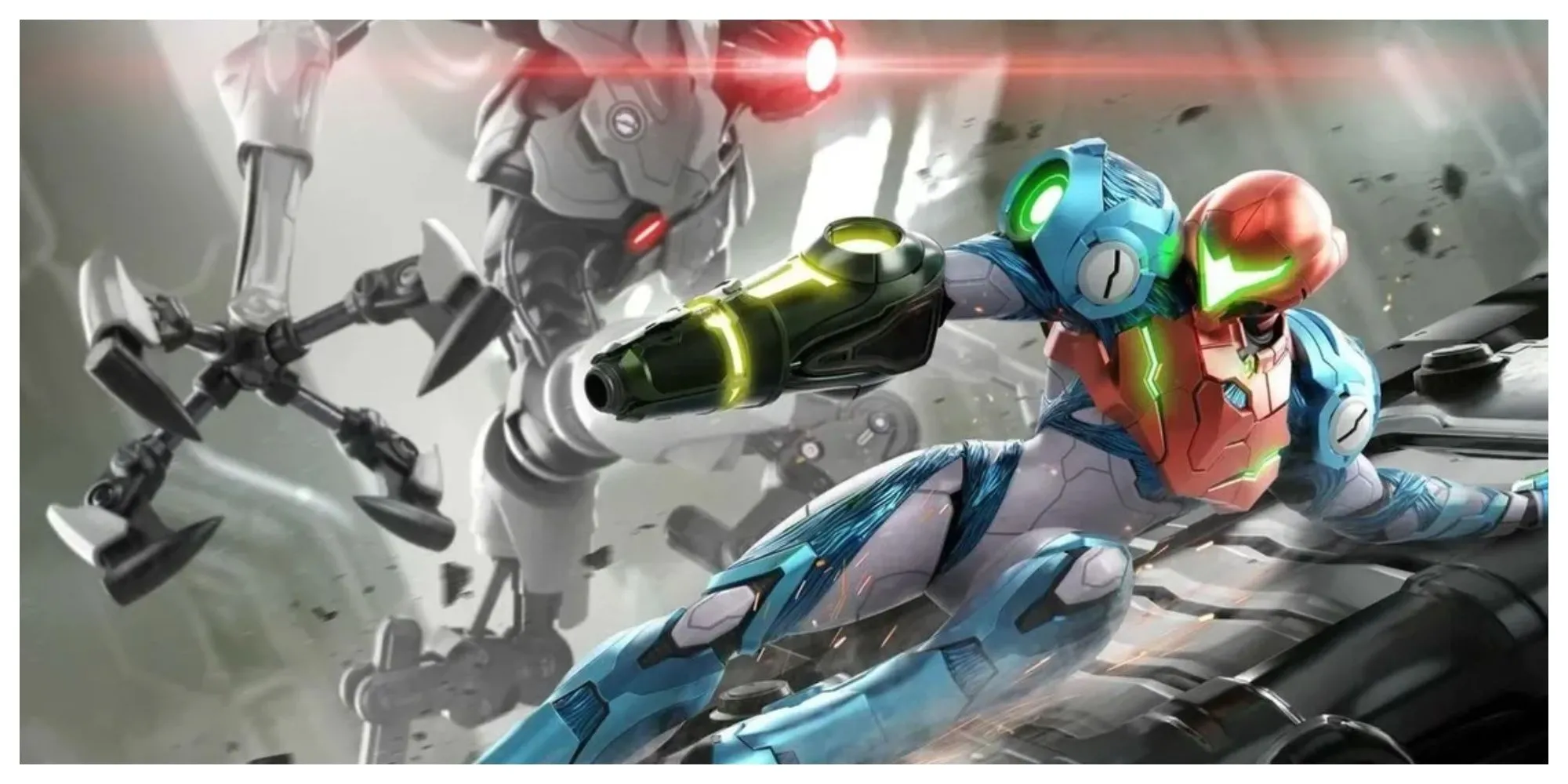 Samus Aran trong Metroid Dread đối mặt với robot E.M.M.I., thể hiện sự căng thẳng của nhạc nền game