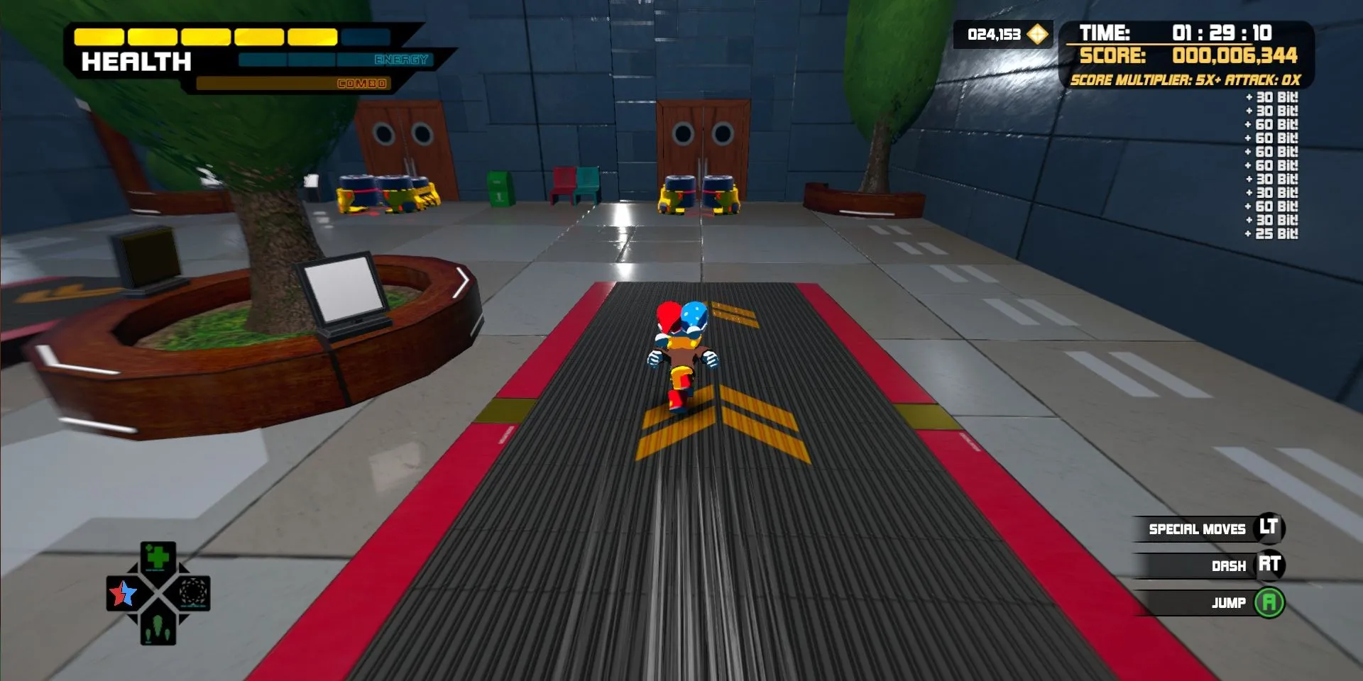 Screenshot của Spark The Electric Jester 3, với Spark đang chạy qua Nhà Ga Sân Bay trong màn chơi