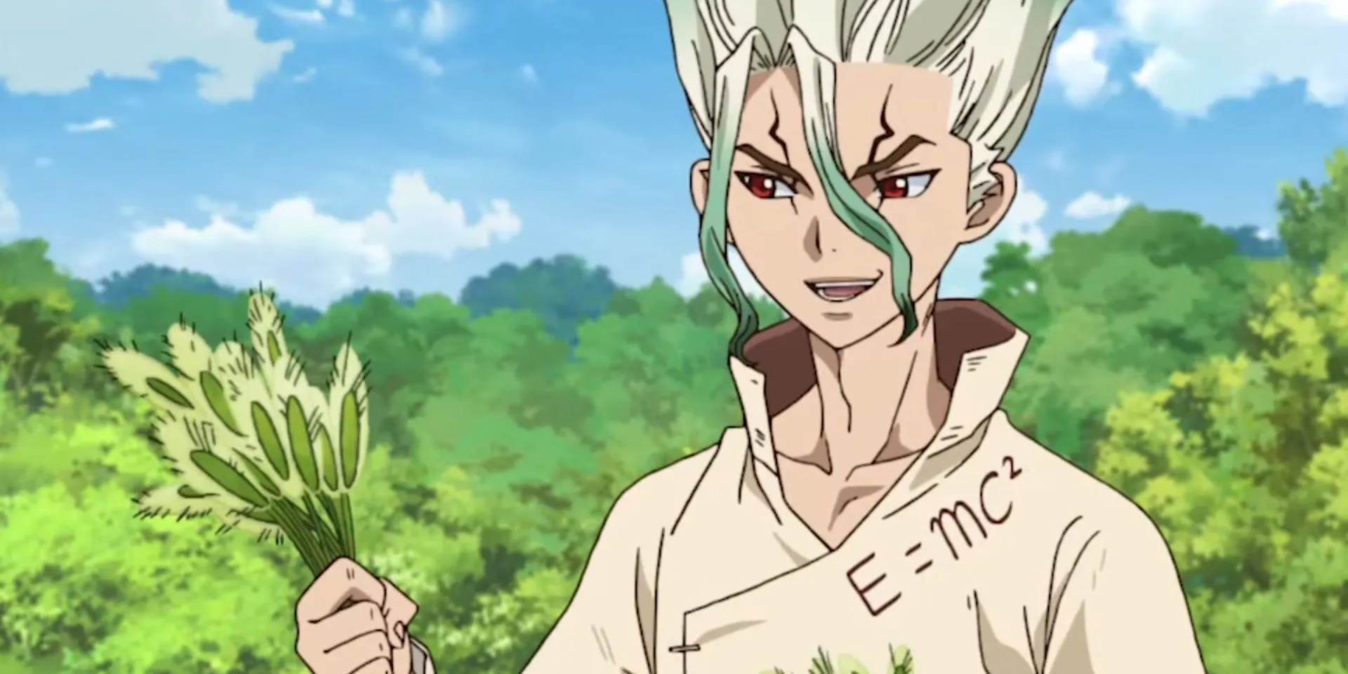Senku Ishigami cầm cỏ đuôi cáo, chuẩn bị cho một phát minh khoa học trong Dr. Stone
