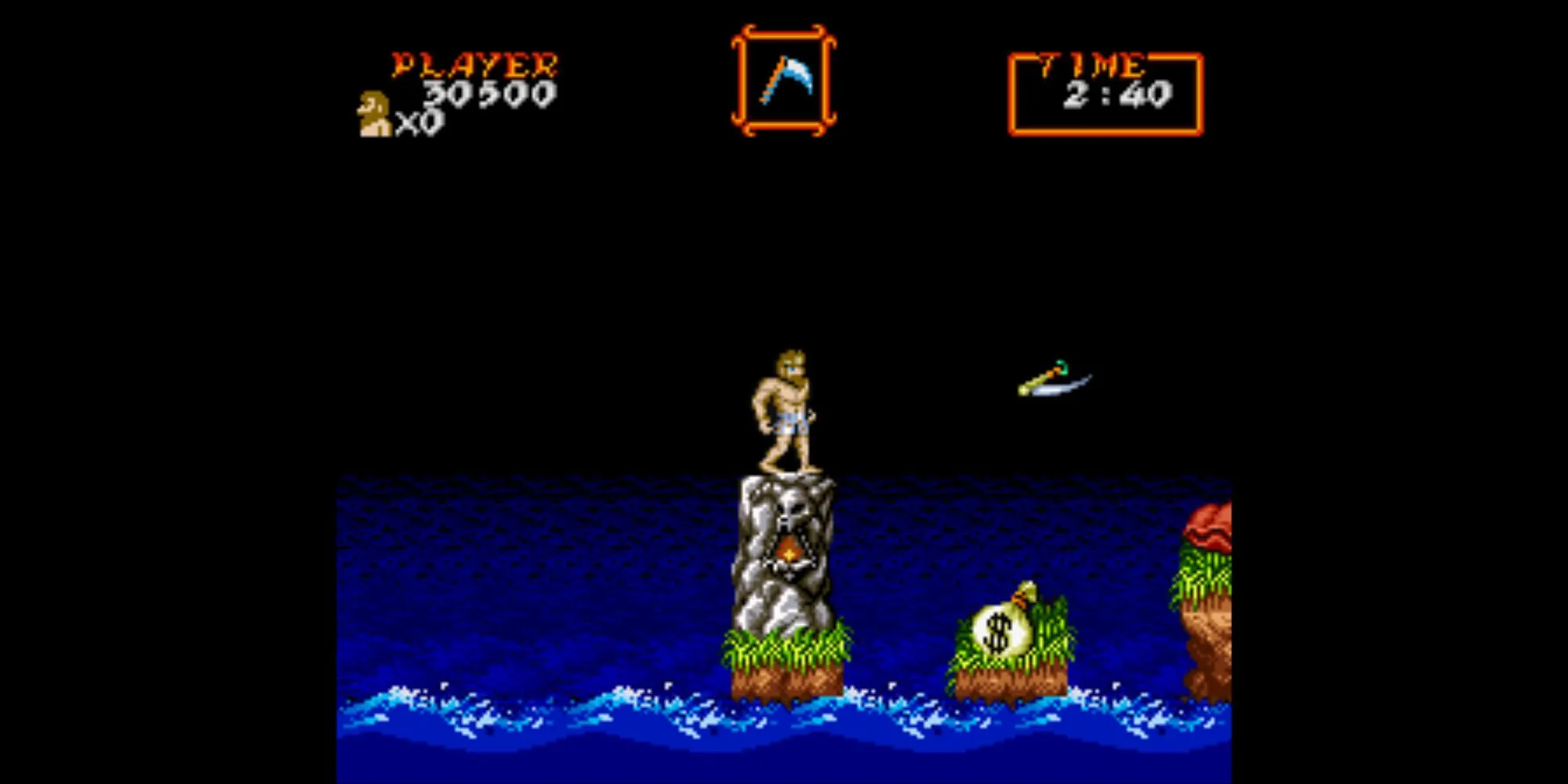 Sir Arthur với áo giáp và vũ khí trong game Super Ghouls N Ghosts trên SNES