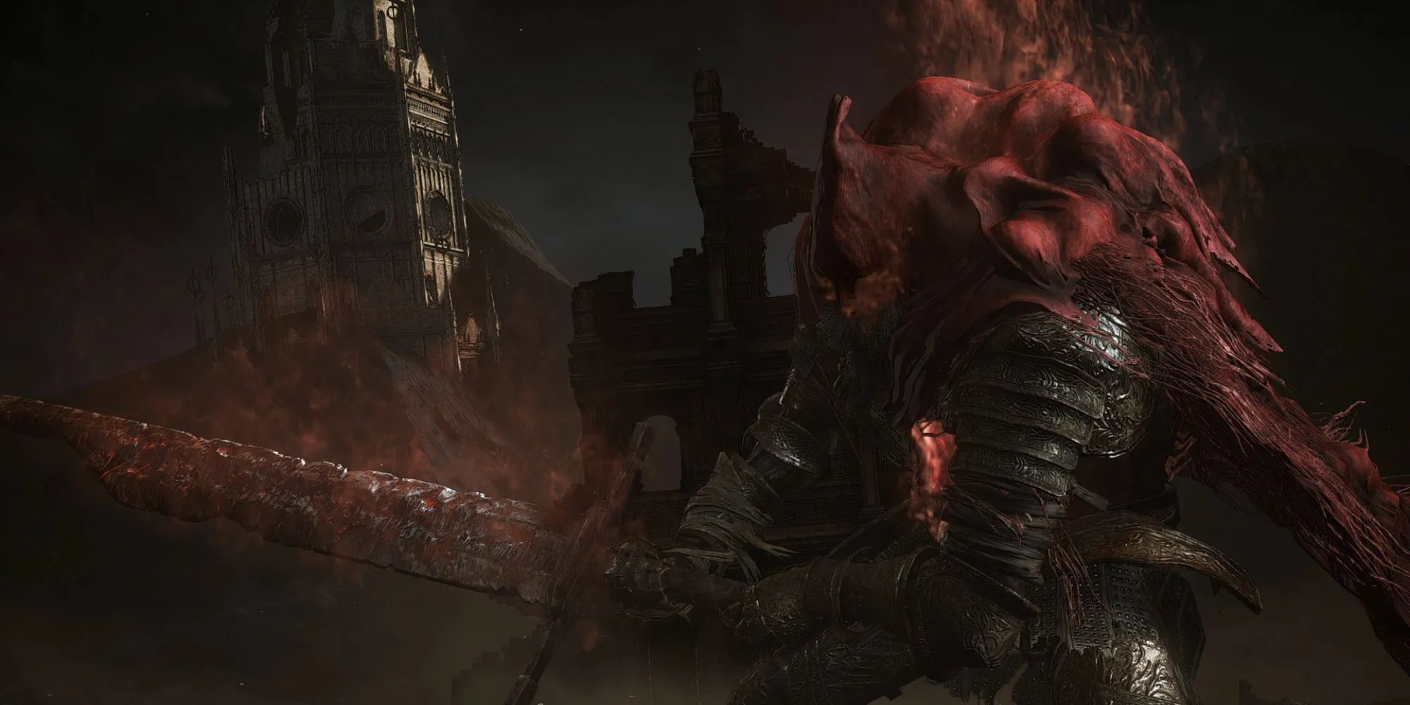 Slave Knight Gael, một nhân vật bí ẩn và mạnh mẽ, đứng trong cảnh quan u tối, thể hiện sự phức tạp và vai trò quan trọng trong Dark Souls 3.