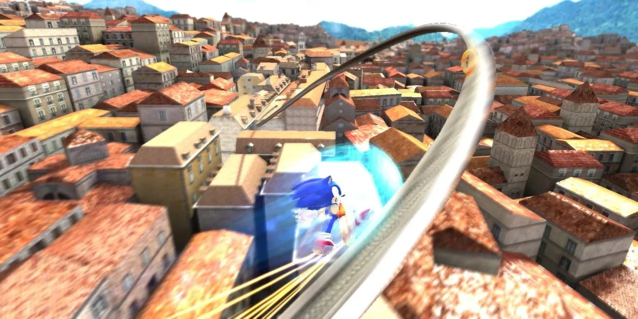 Sonic lướt trên đường ray ở Rooftop Run Act 1 trong Sonic Unleashed