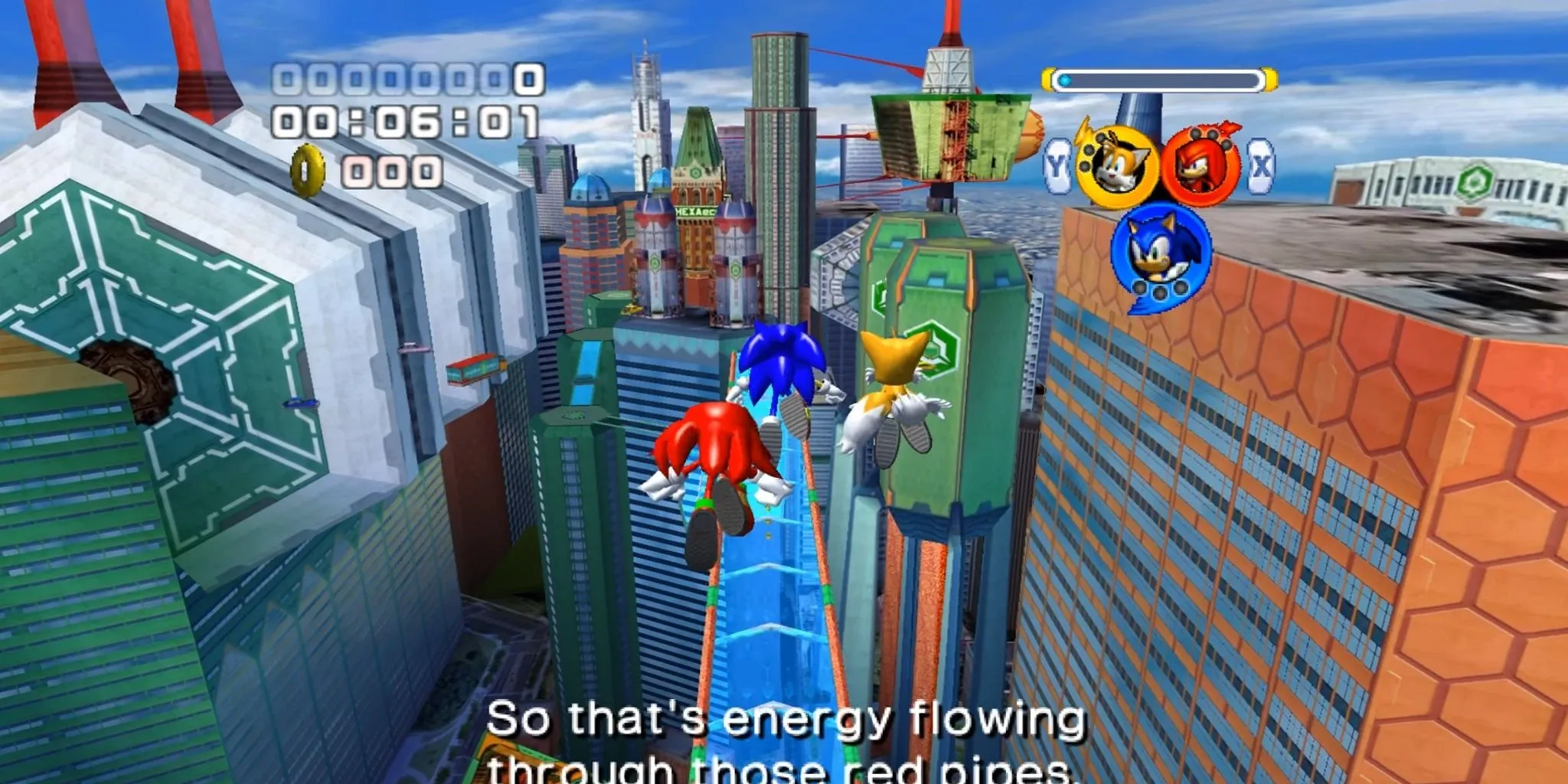 Sonic, Tails, và Knuckles trong vai Team Sonic tại Grand Metropolis trong Sonic Heroes