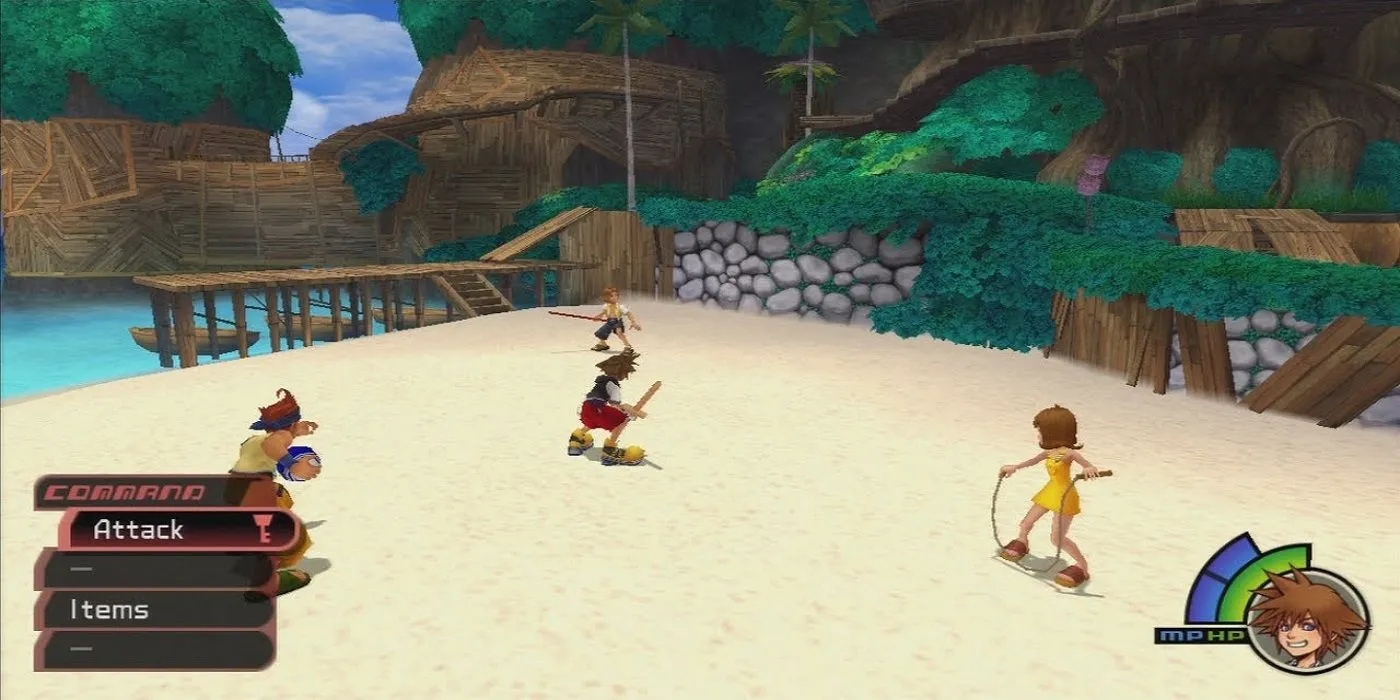 Sora chiến đấu với Tidus, Wakka, và Selphie tại Destiny Islands trong Kingdom Hearts, một khu vực khởi đầu đáng nhớ