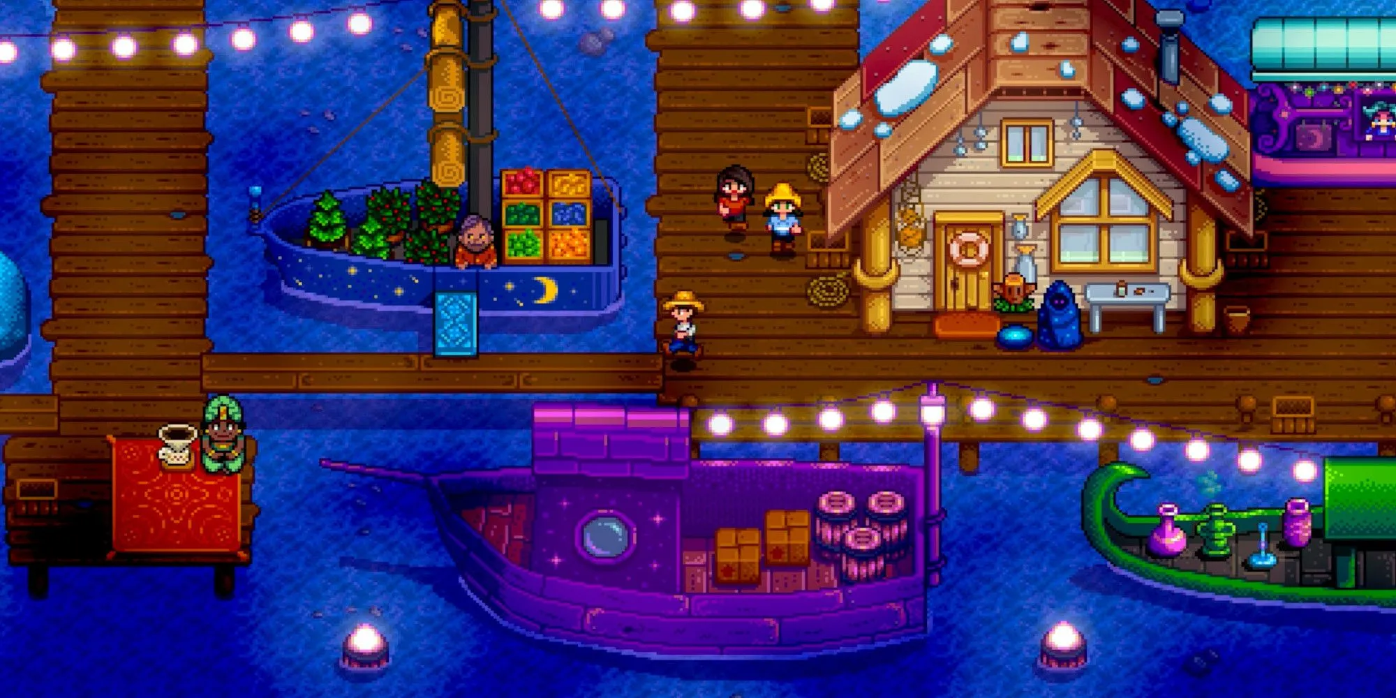 Stardew Valley chợ đêm với tàu thuyền trên mặt nước