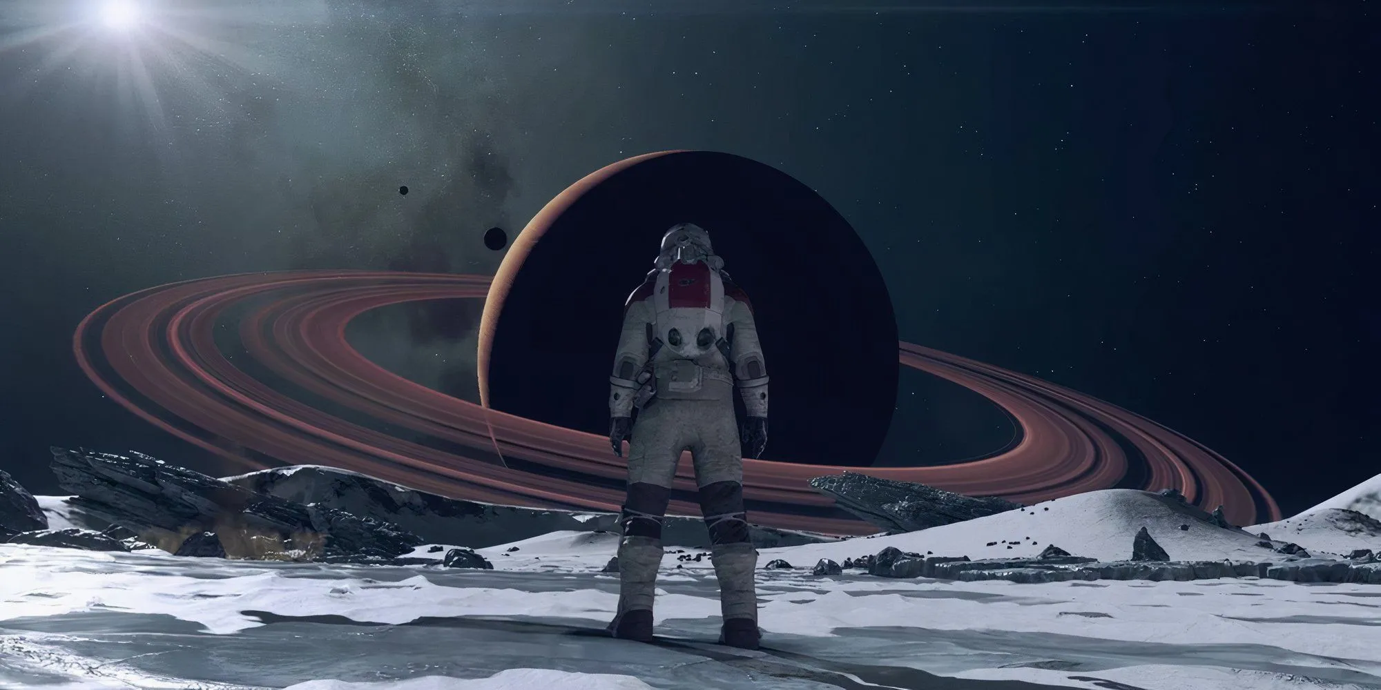 Still from Starfield of an astronaut standing in front of Saturn.