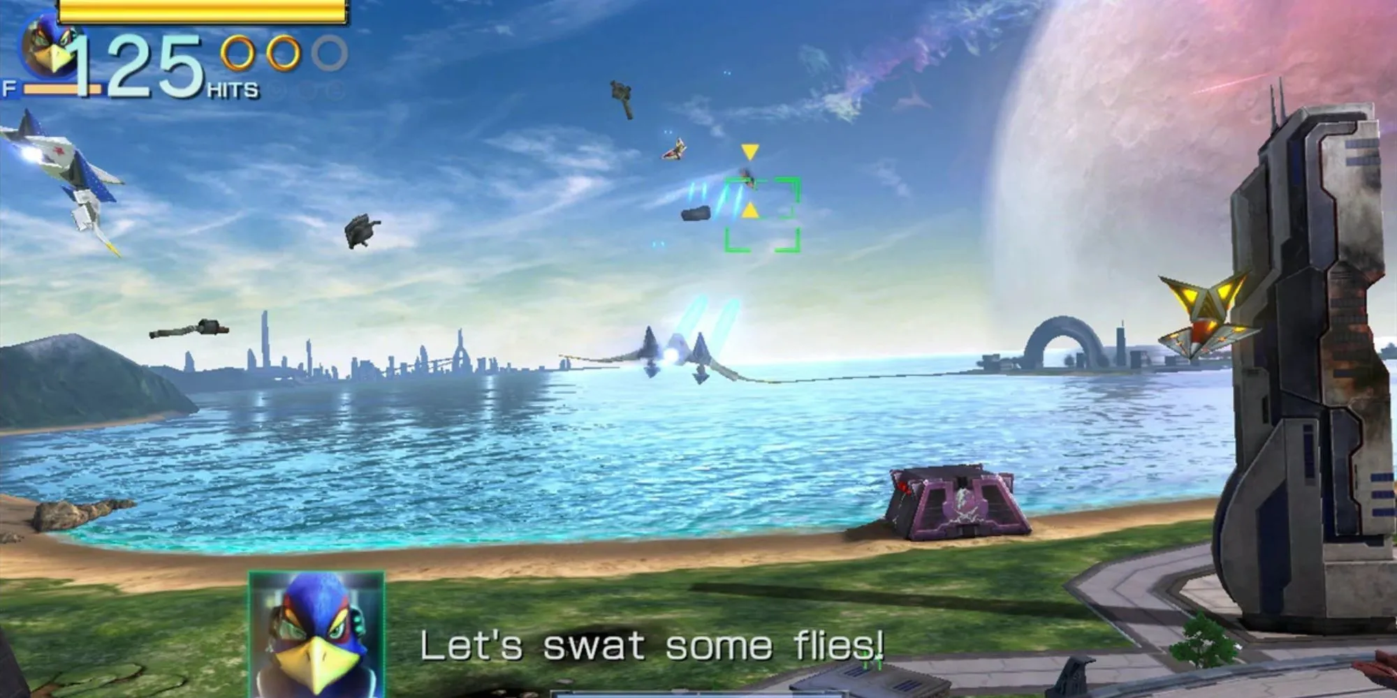 Tàu Arwing và các thành viên đội Star Fox đang bay trong Star Fox Zero