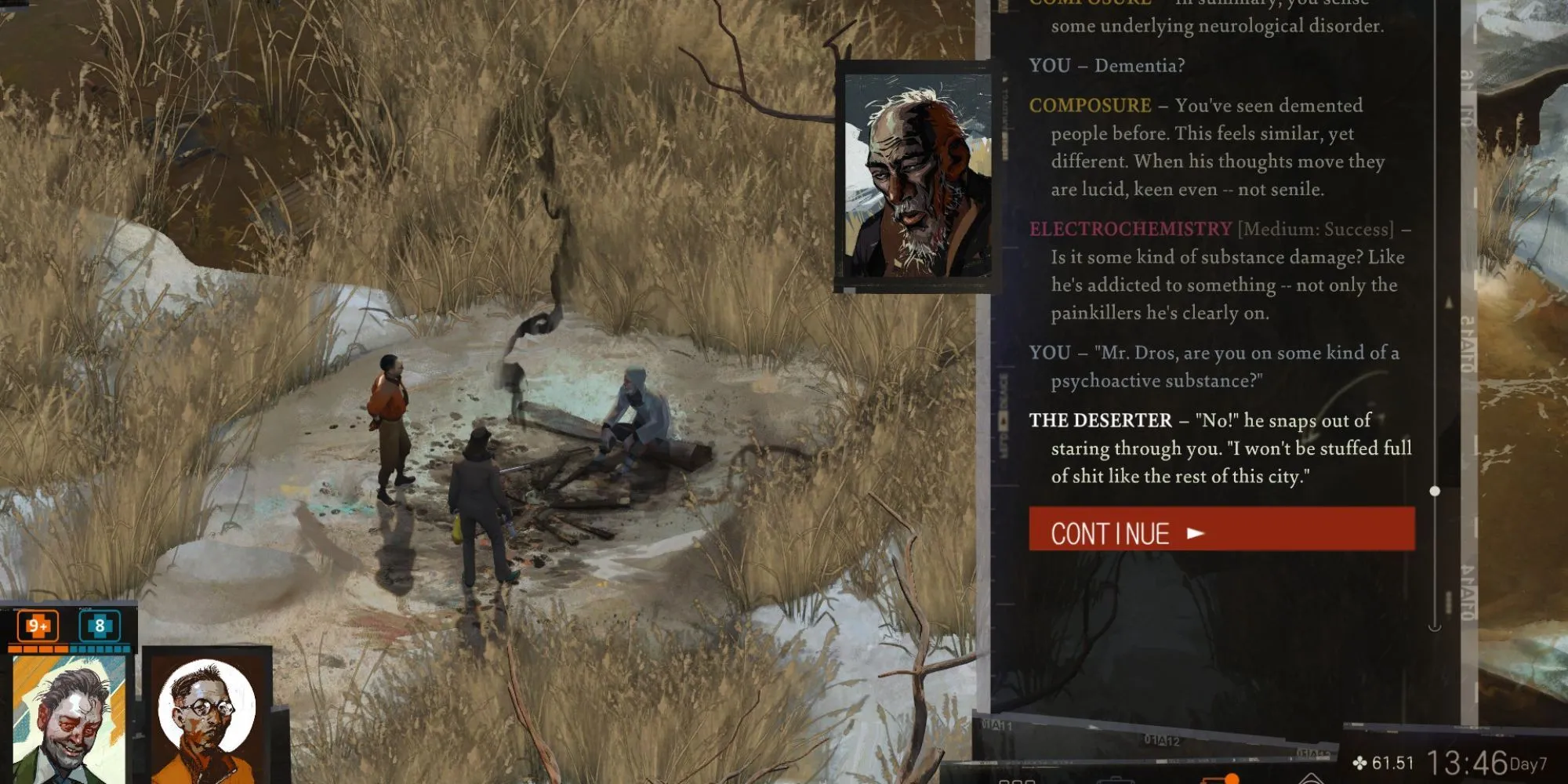 The Deserter Iosef Lilianovich Dros trong Disco Elysium ngồi trên ghế