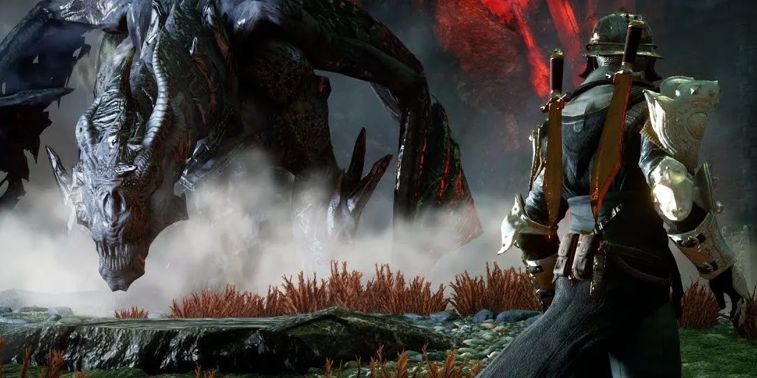 The Inquisitor đối đầu với rồng trong Dragon Age Inquisition