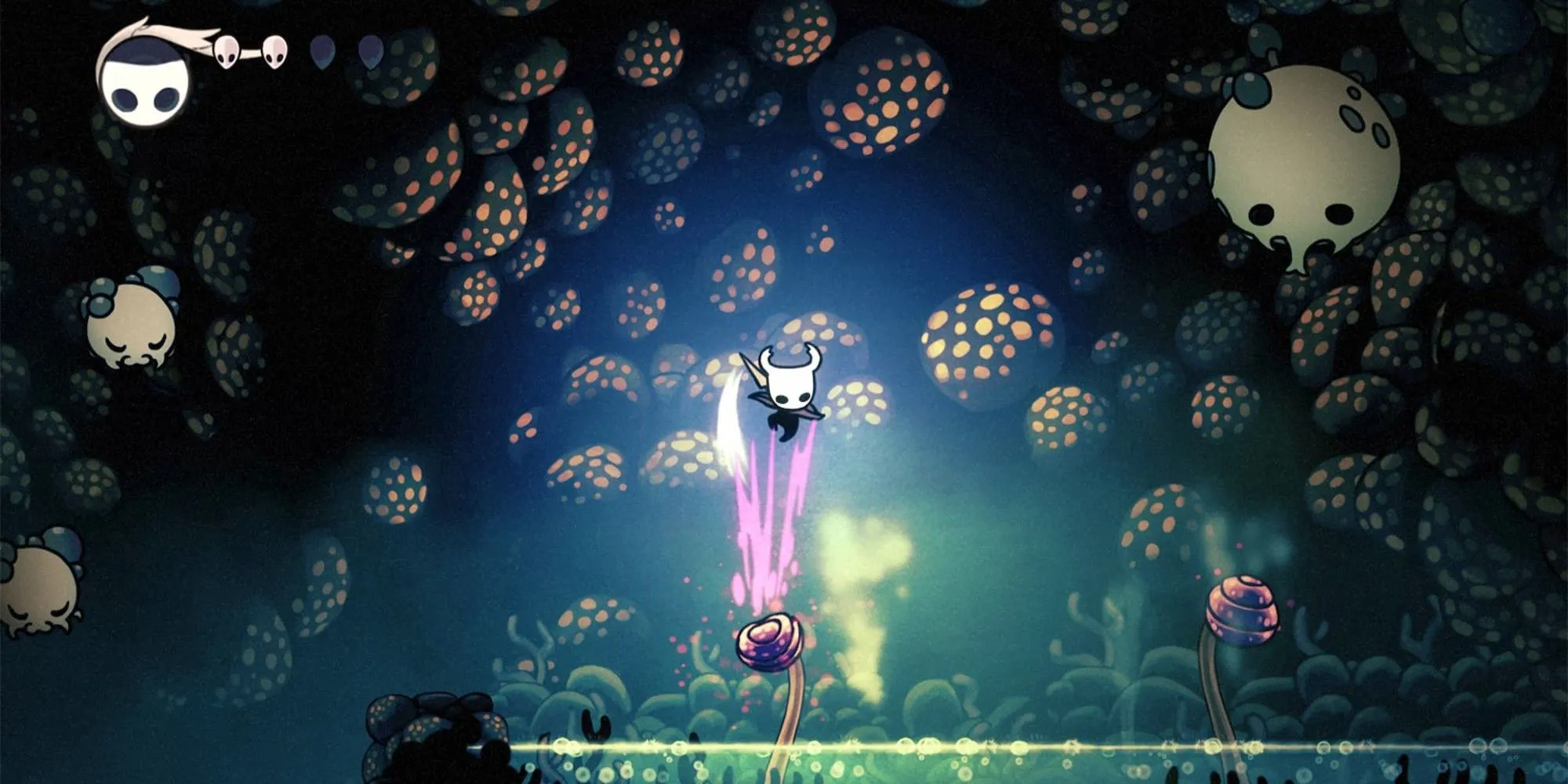 The Knight, nhân vật chính của Hollow Knight, thực hiện một cú nhảy chính xác trong vương quốc Hallownest.