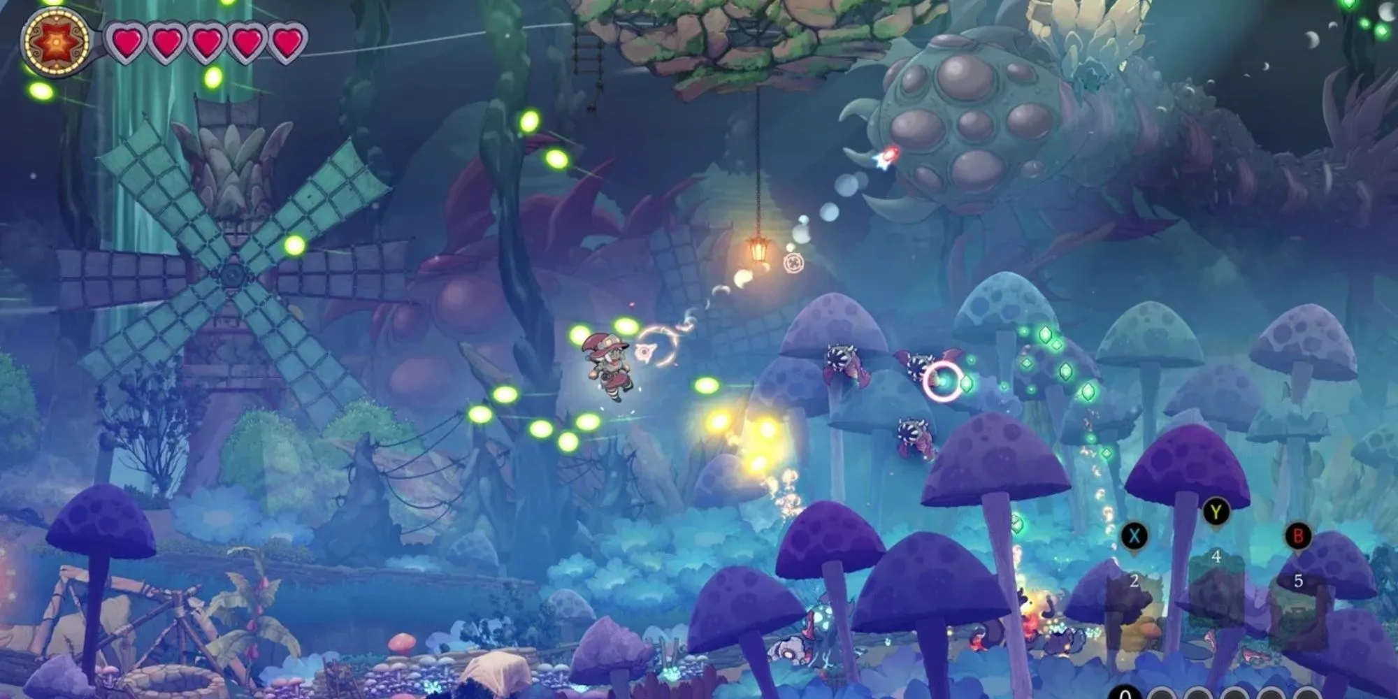 The Knight Witch với nhân vật Rayne bay lượn và bắn phép thuật, né tránh hàng loạt đạn màu hồng từ kẻ thù trong một căn phòng đổ nát