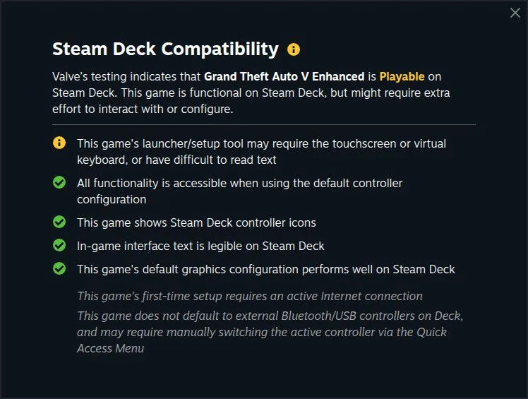 Thông báo cảnh báo tương thích GTA V trên Steam Deck từ Steam