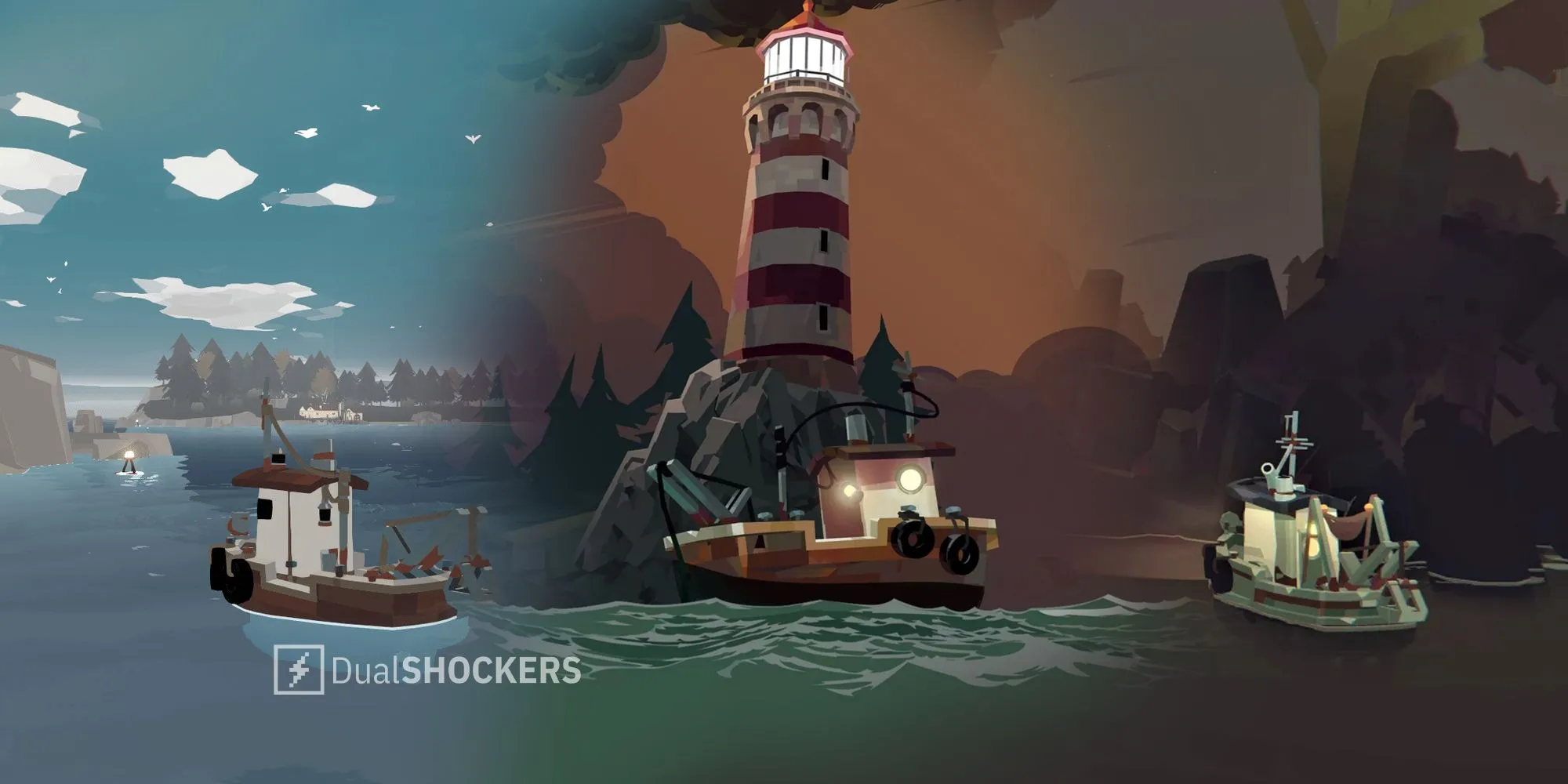 Thuyền câu của người chơi giữa biển khơi trong game kinh dị câu cá Dredge trên Xbox Game Pass